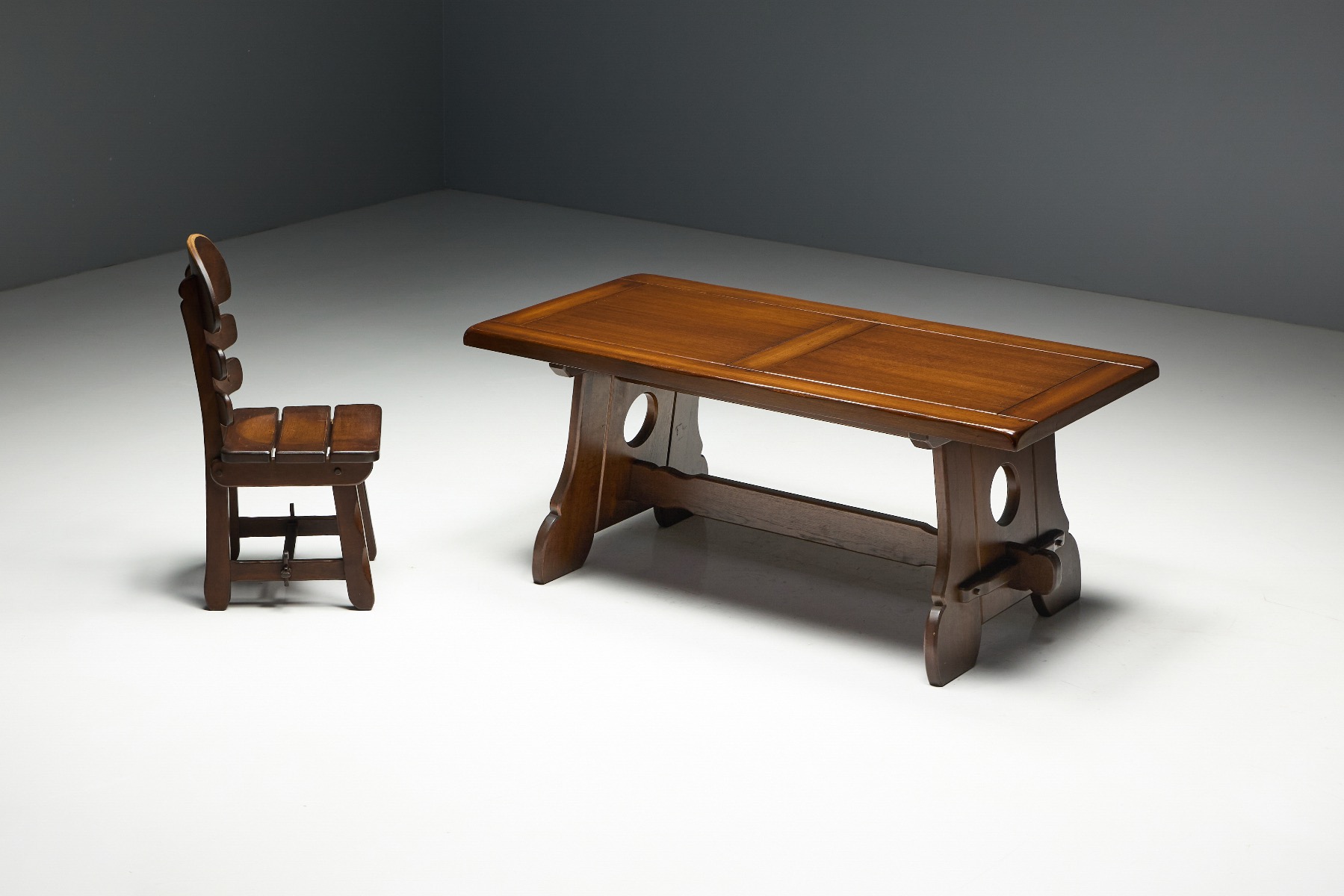 Stained oak brutalist dining table 1970s