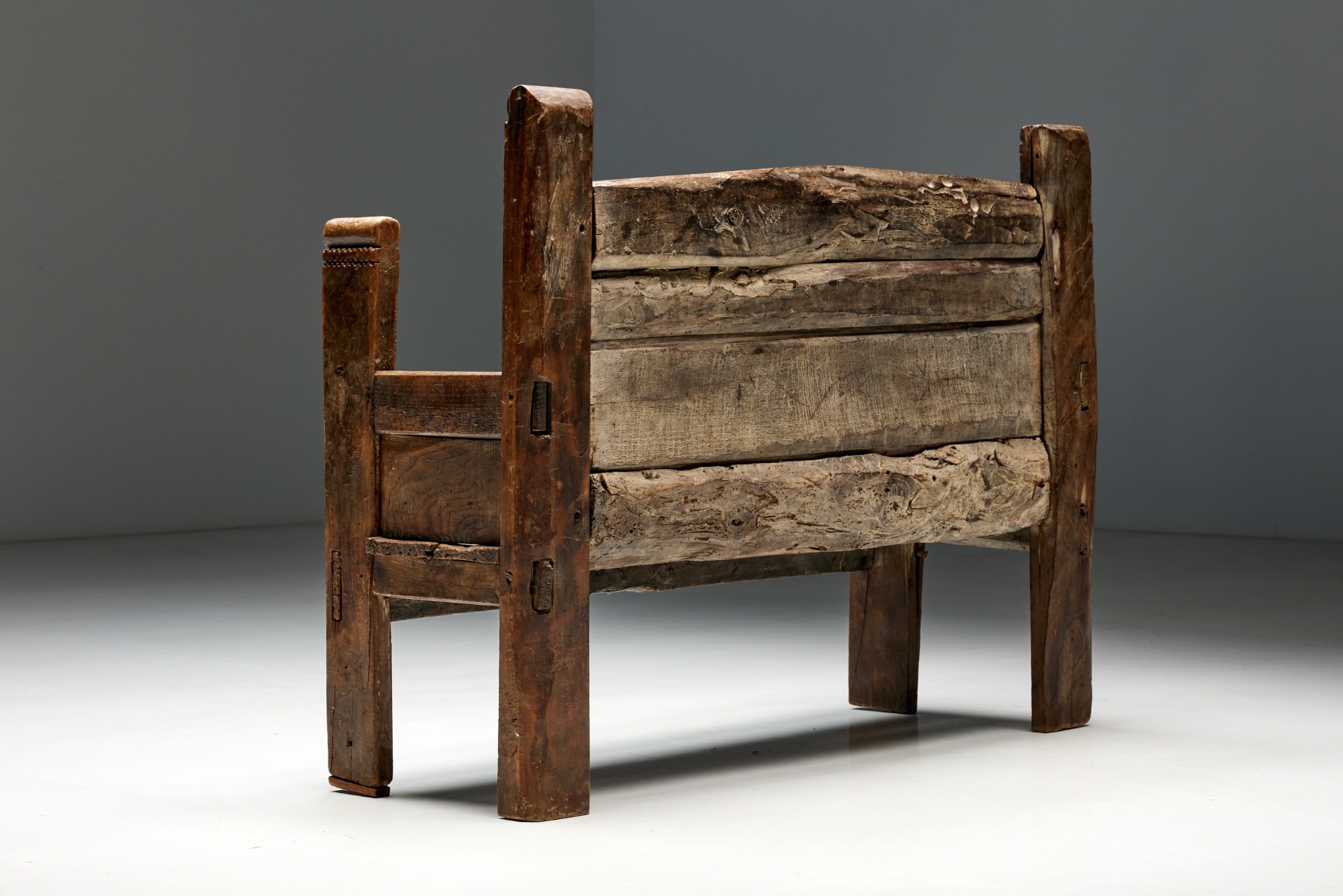 Early Spanish folk art bench handmade in wood