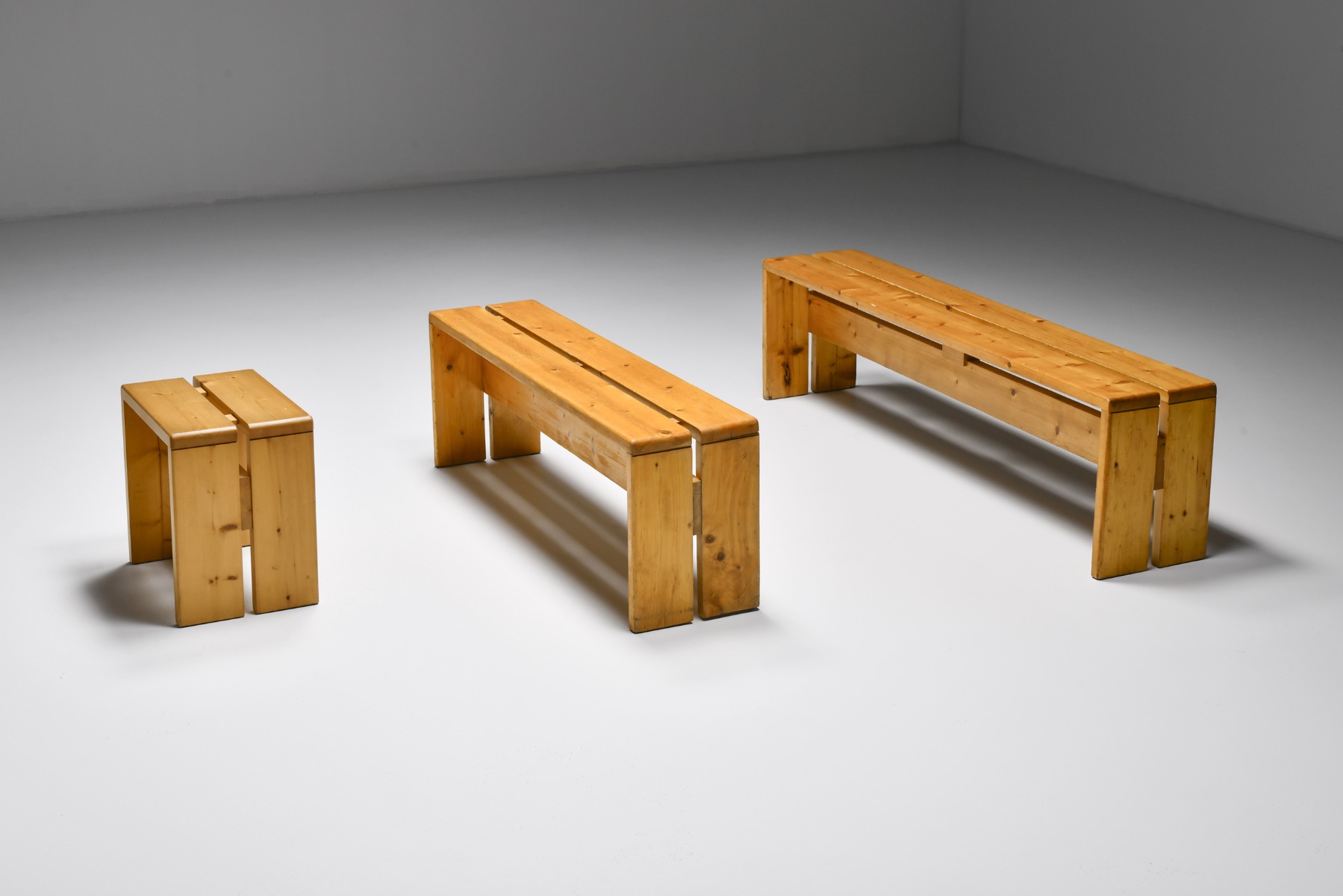 Iconic Les Arcs three seat bench by Charlotte Perriand from the 1960s