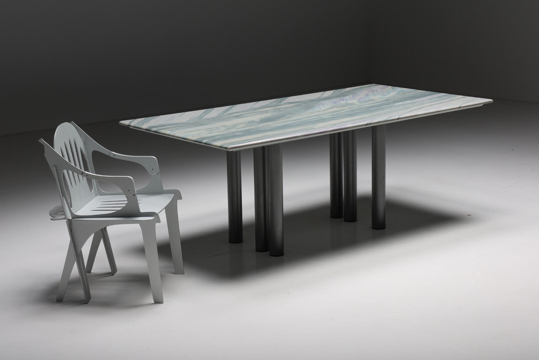 Iconic Pia Manu marble dining table in grey and purple from the 1990s