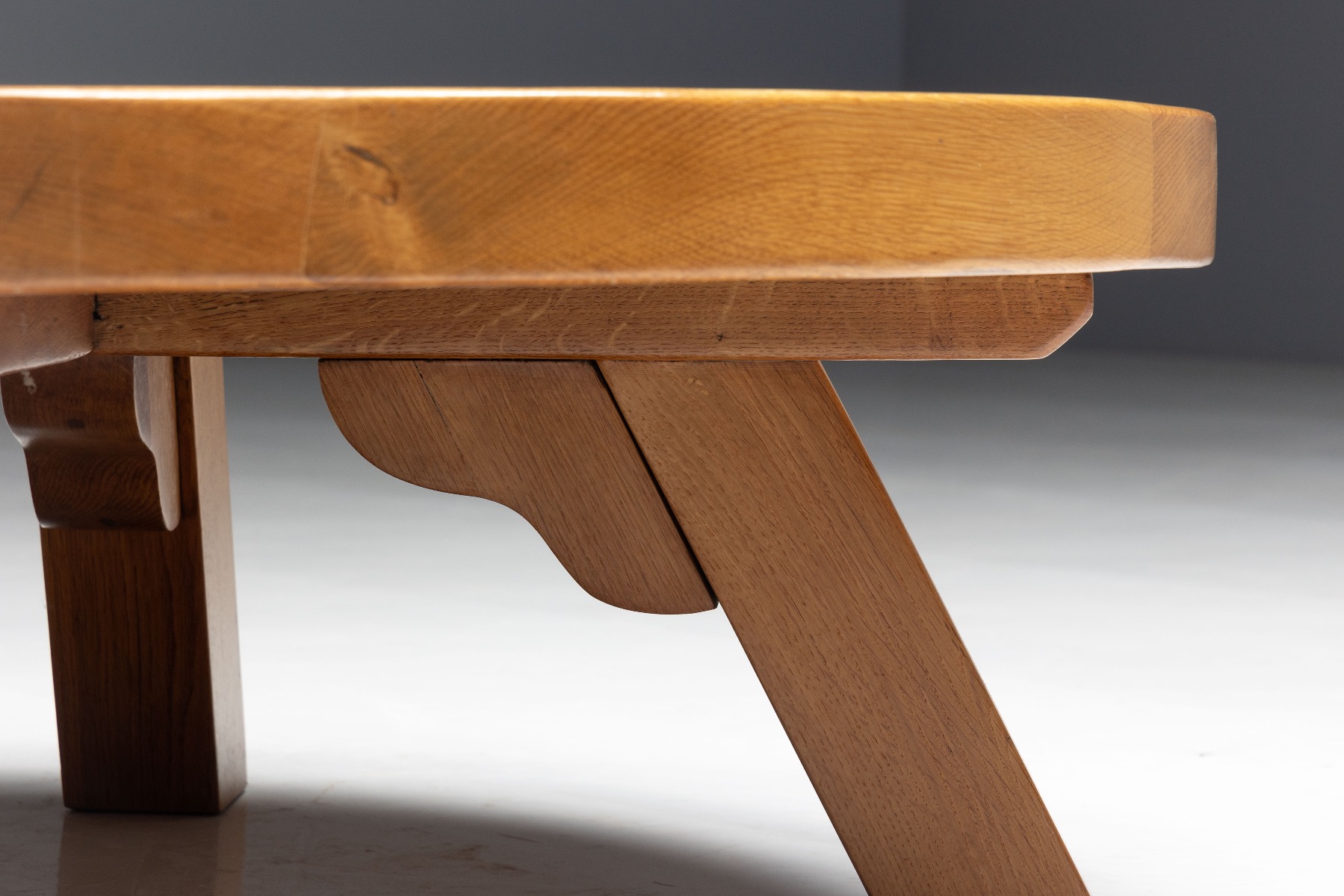 Minimalist brutalist round coffee table in oak