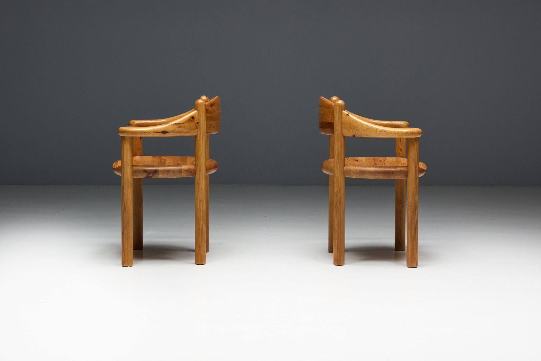 Expressive solid pine dining chairs from the 1970s