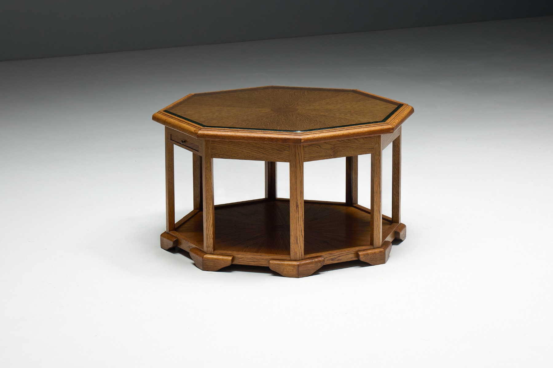 Walnut octagonal Art Deco coffee table with vintage character