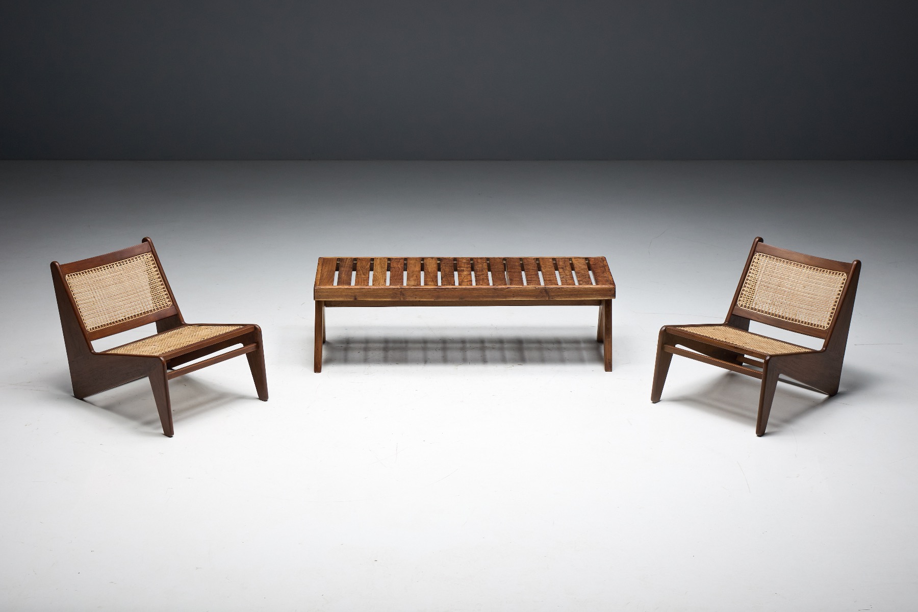 Collectible teak slatted bench by Pierre Jeanneret