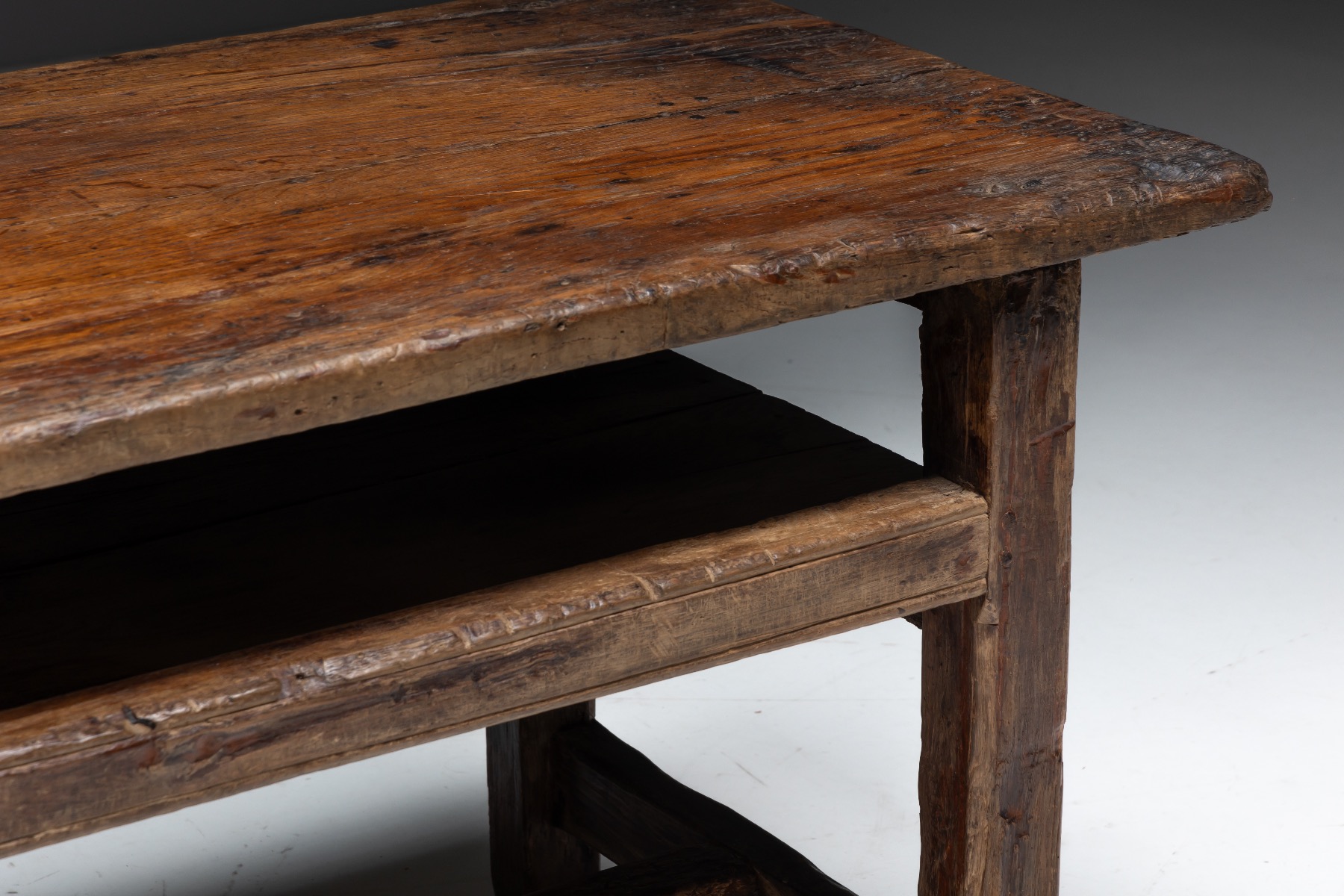 Handcrafted wooden farmhouse worktable with wabi sabi aesthetics
