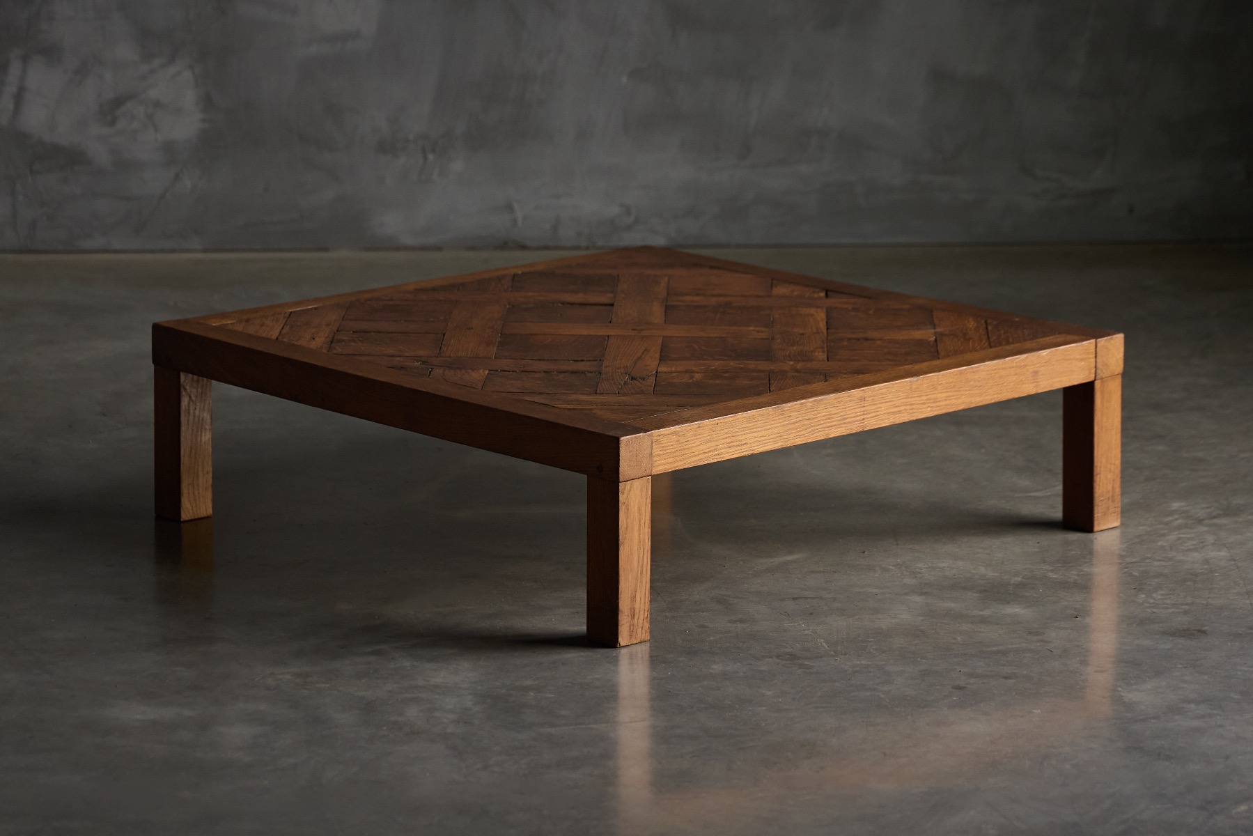 Late mid century brutalist coffee table with parquet wood