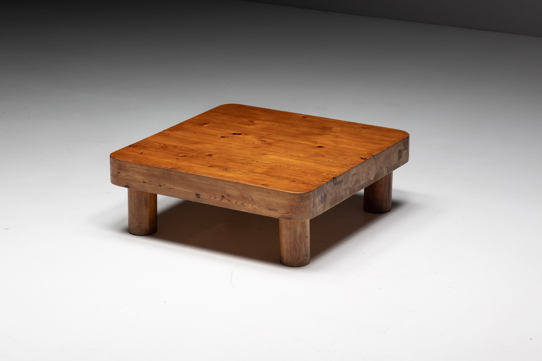 Minimalist brutalist low table in pine wood from the 1960s