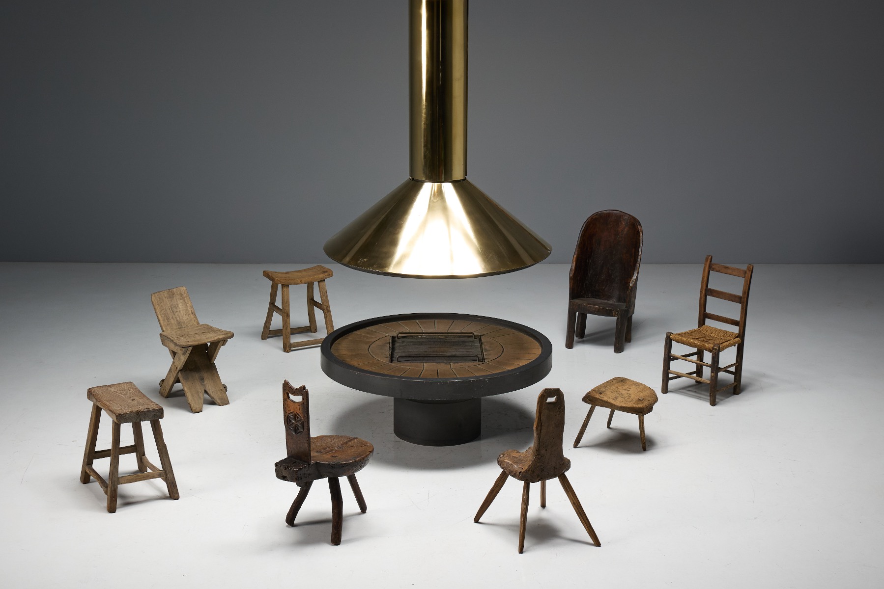 Museum level mid century freestanding brass fireplace