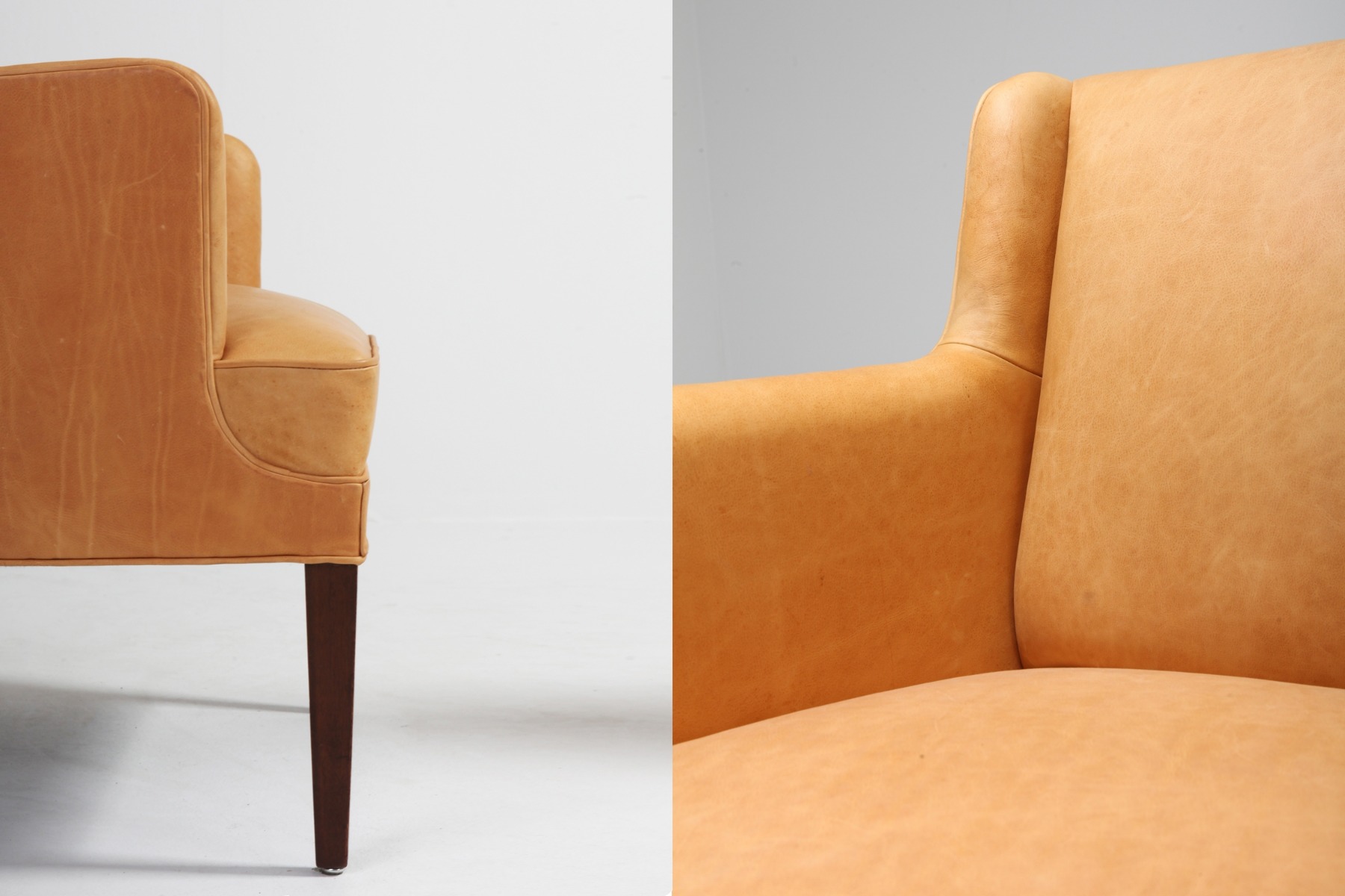 Luxury camel leather bergere chairs from the 1960s