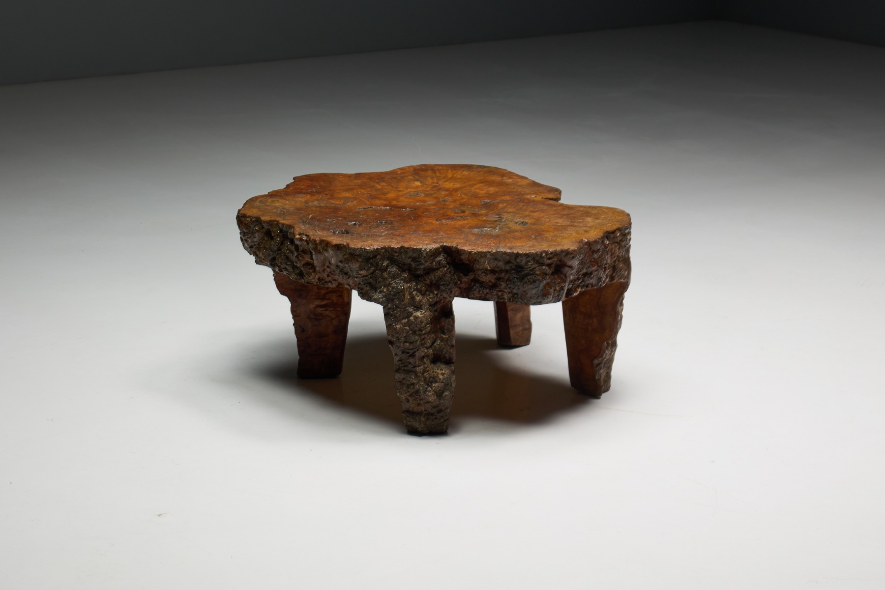 1950s burl wood coffee table in brutalist organic style
