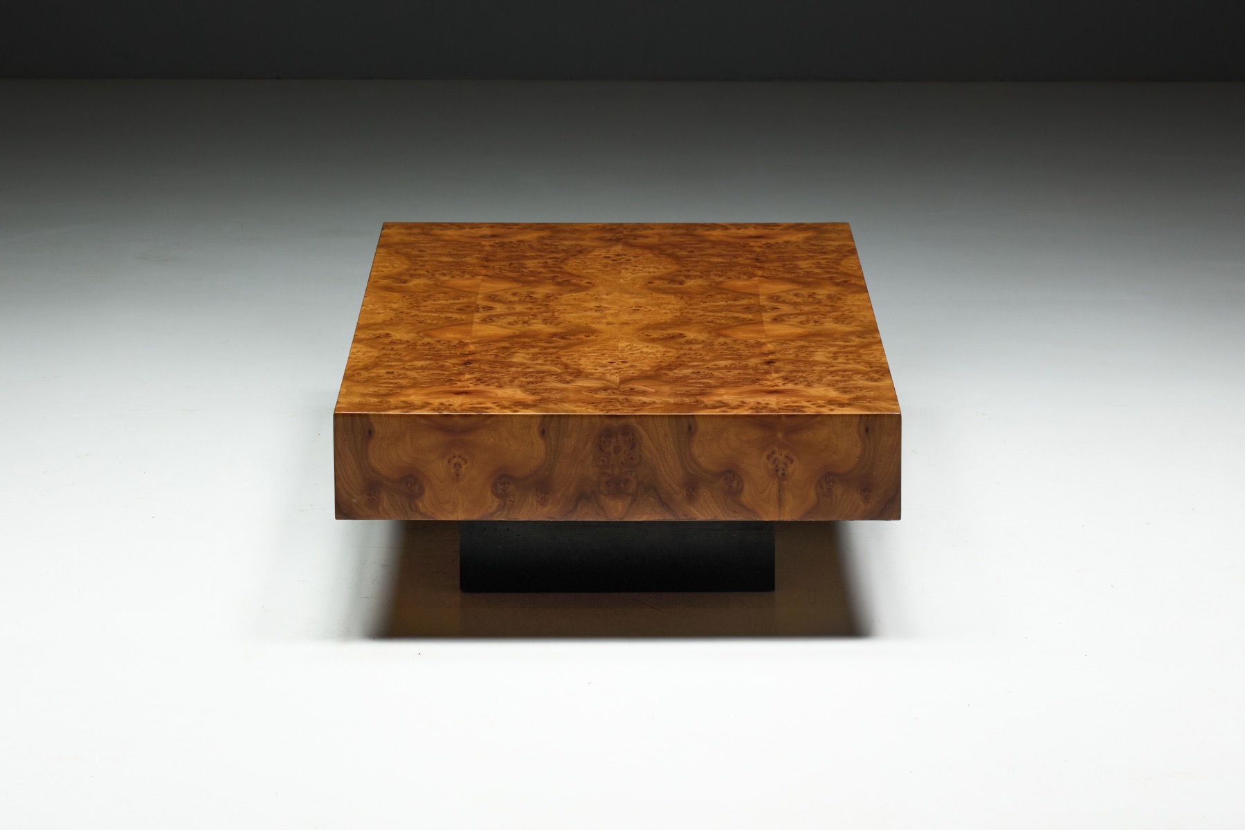 Modern 1970s burlwood coffee table with strong architectural presence