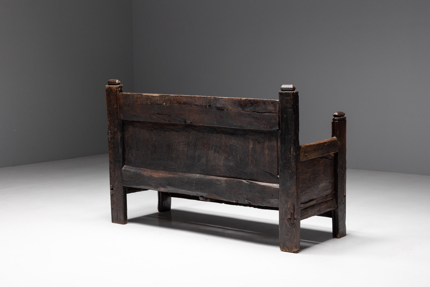 Aged wood art populaire bench in primitive design