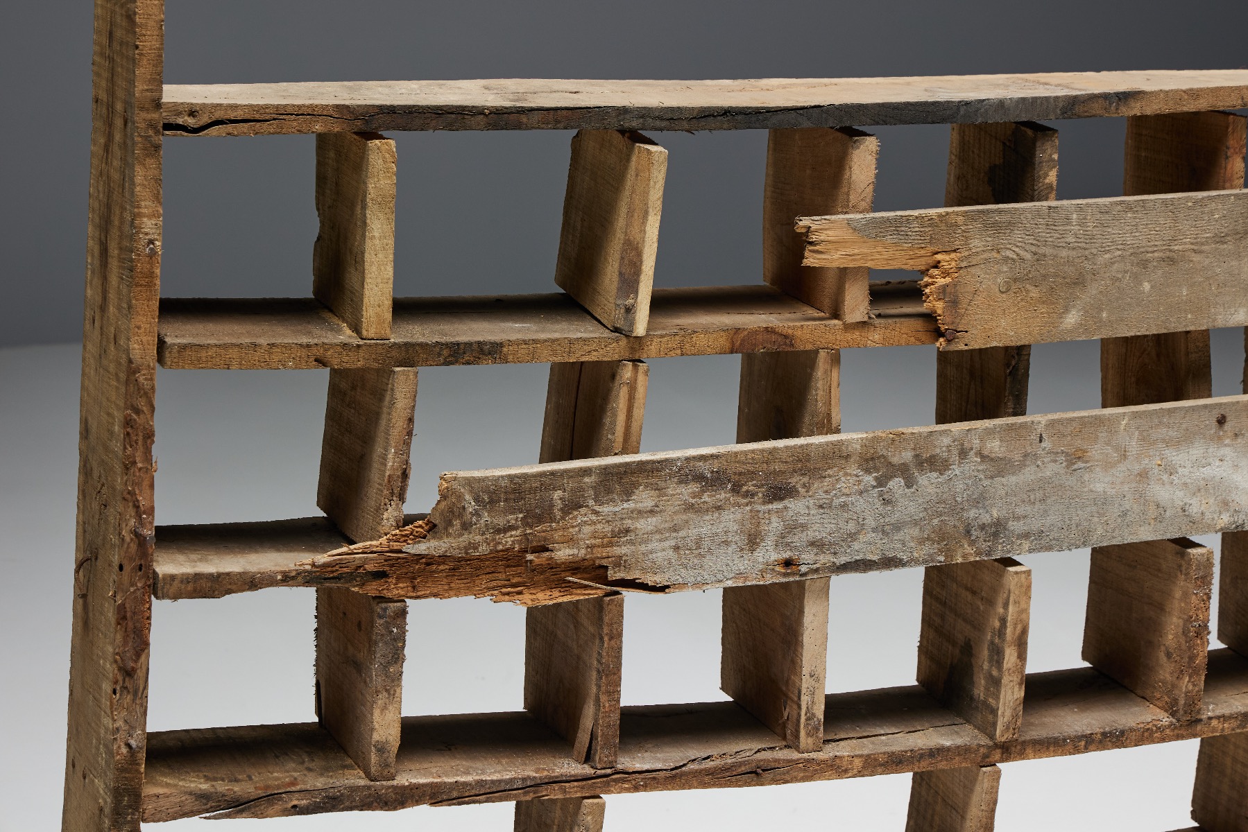 Aged wood wabi sabi shelving unit in primitive design