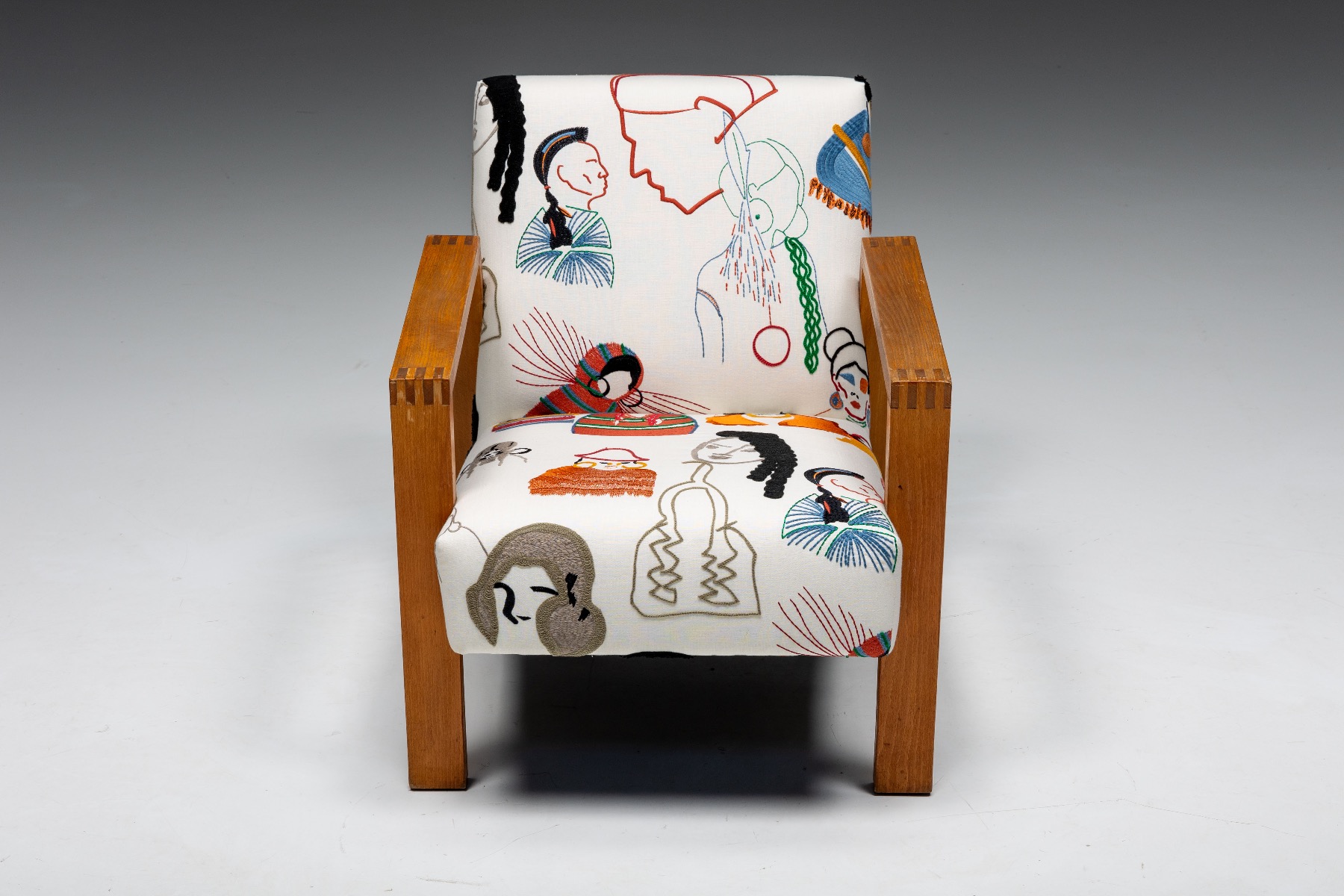 Minimalist Dutch chair in Pierre Frey fabric from the 1960s