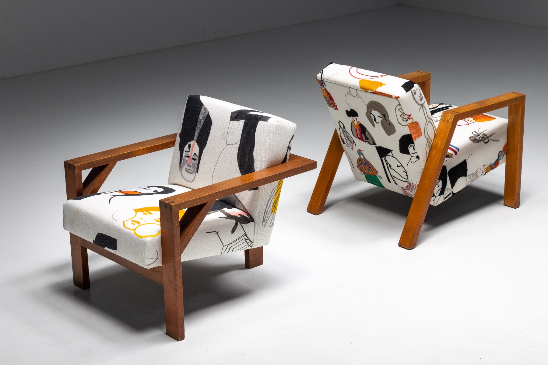 Minimalist Dutch chair in Pierre Frey fabric from the 1960s