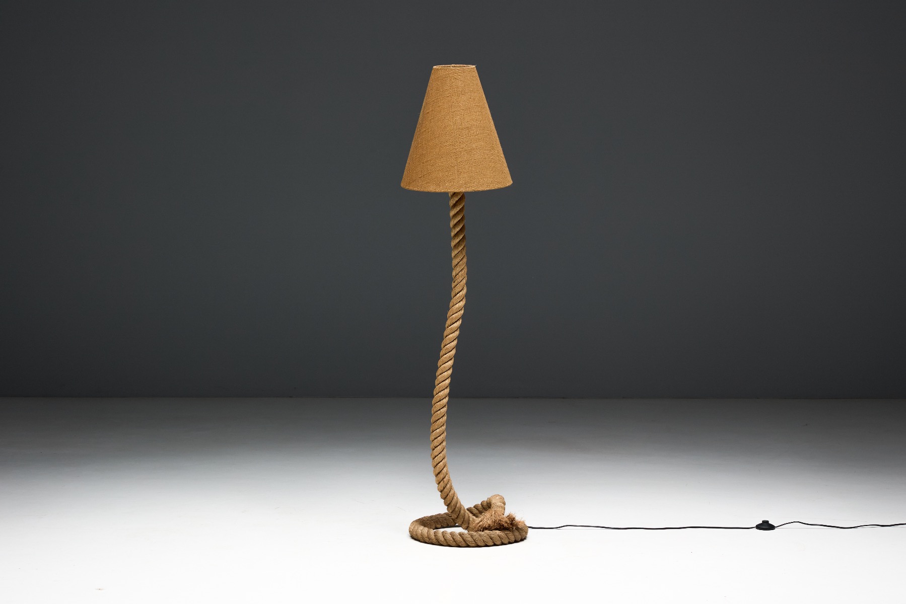 Rustic rope and jute floor lamp with seventies appeal