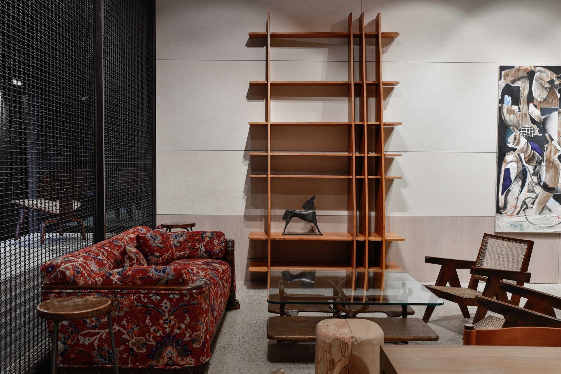 Statement walnut shelving unit architectural piece from the 1980s
