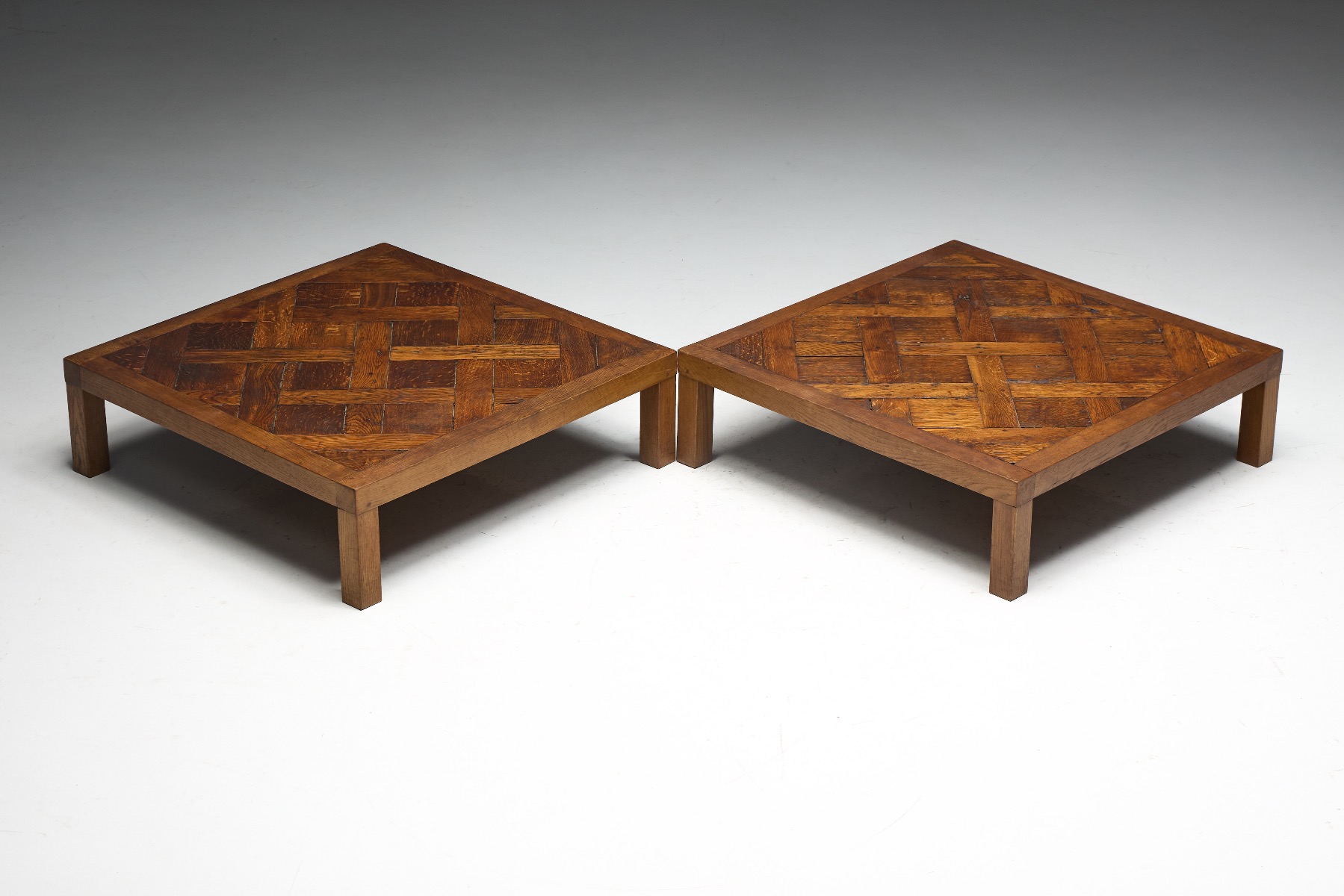 Bold parquet coffee table with strong visual weight