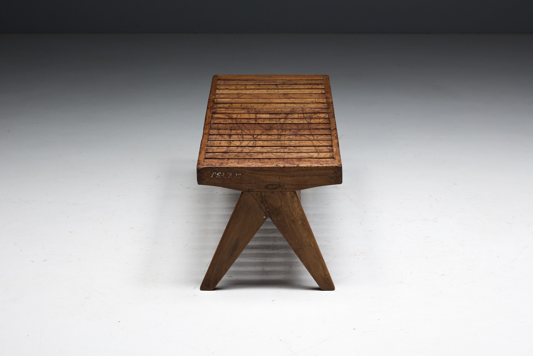 Classic Chandigarh style teak bench by Pierre Jeanneret