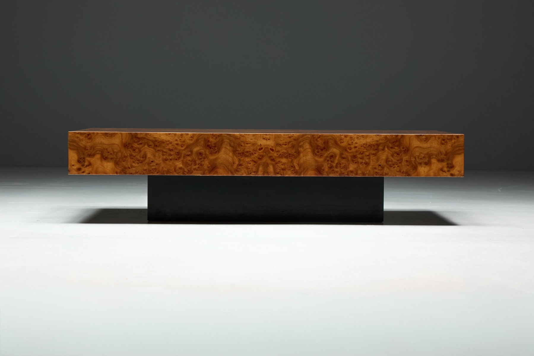 Collectible burlwood coffee table in the style of Willy Rizzo