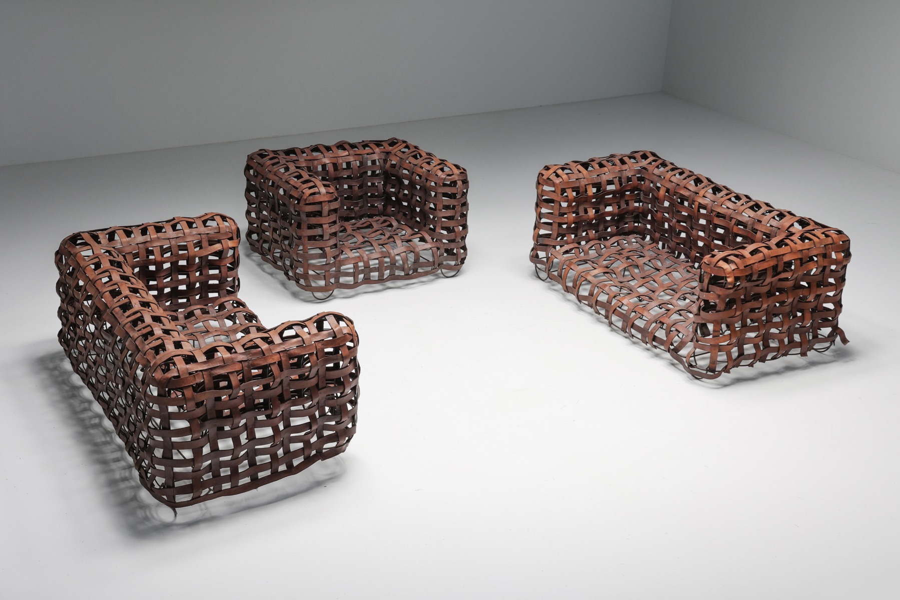Handcrafted woven leather sofa from the 1950s style