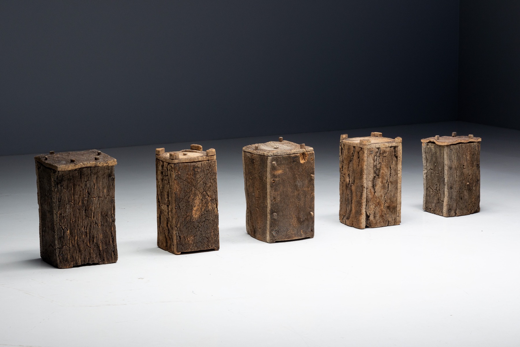 Rustic beekeeping hives with natural weathering