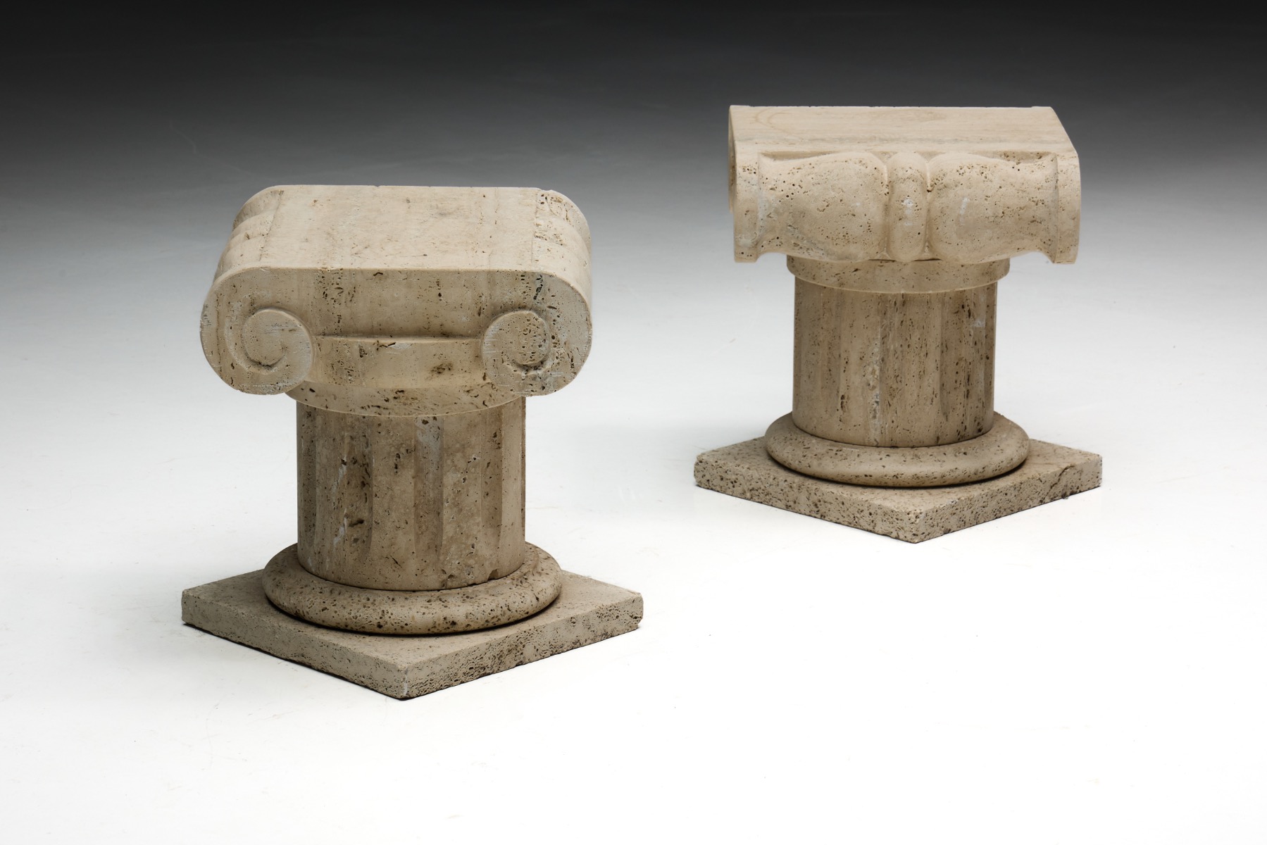 Travertine end table inspired by Ionic column capitals