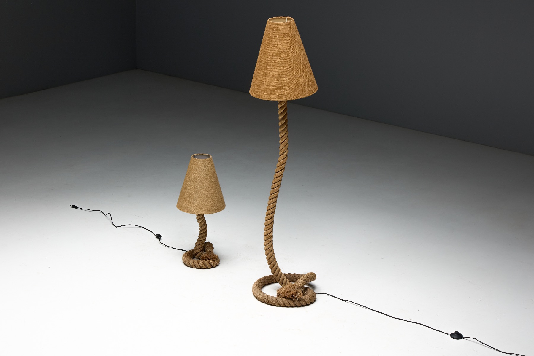 Gallery level rustic rope floor lamp with jute shade