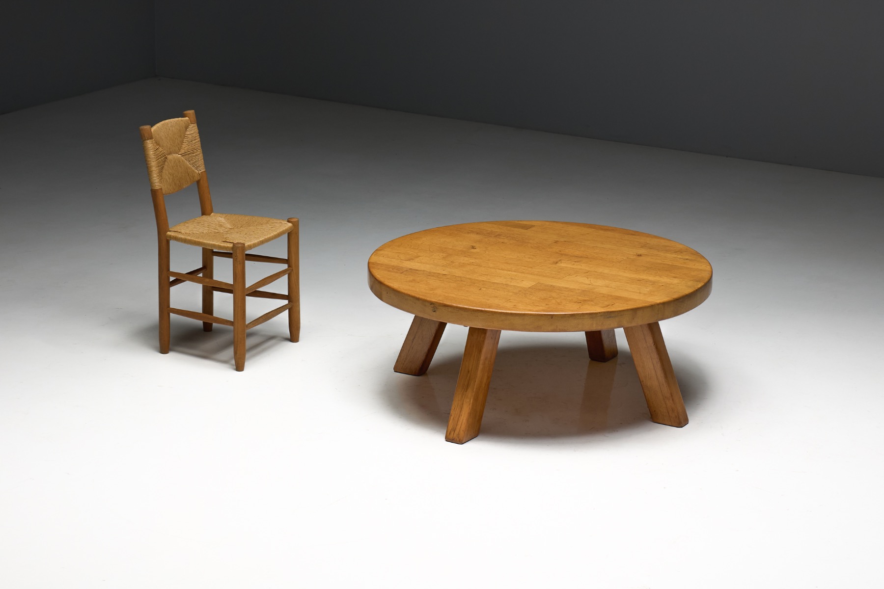 Museum level brutalist round coffee table in solid wood