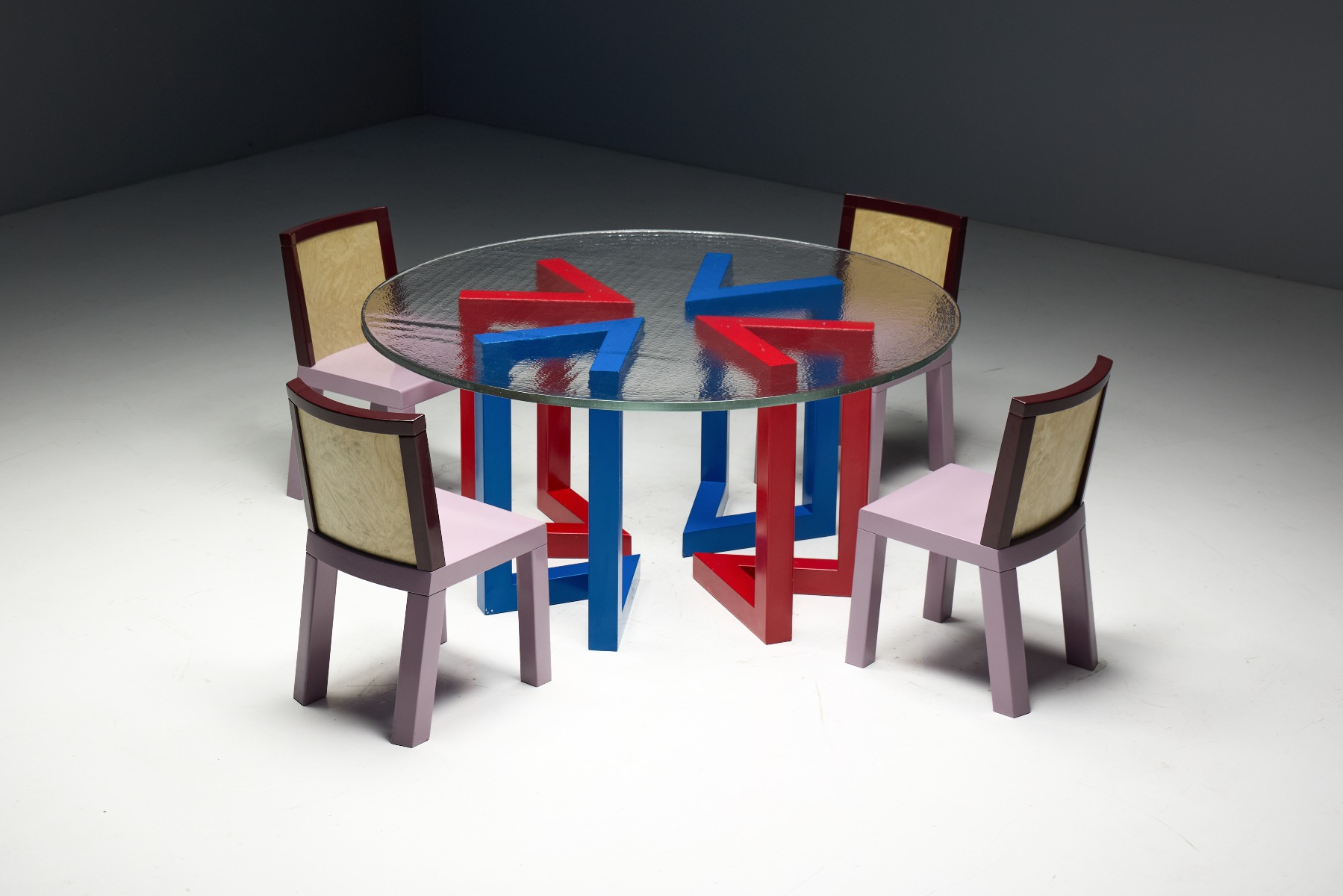 Museum level 1980s postmodern dining table with hand blown glass