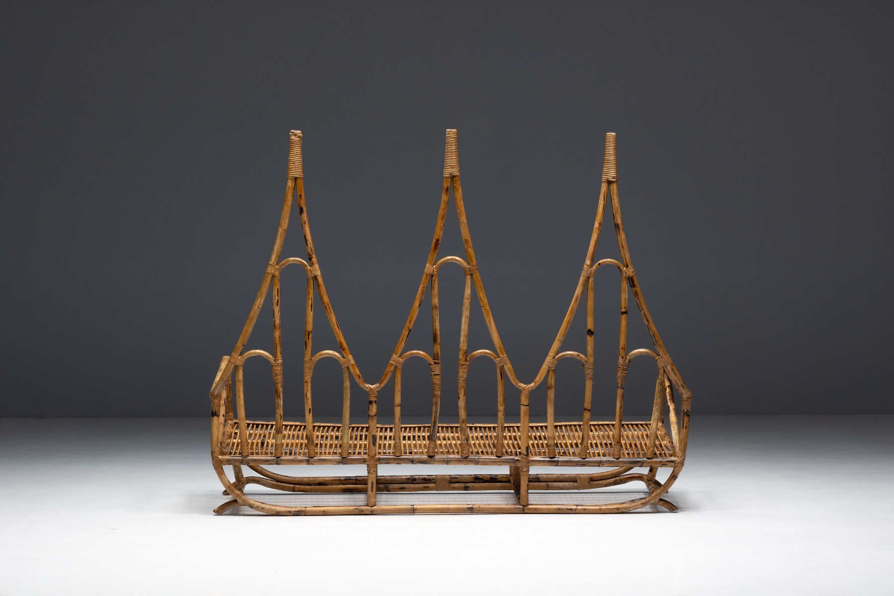 Statement bamboo bench with sculptural mid century style