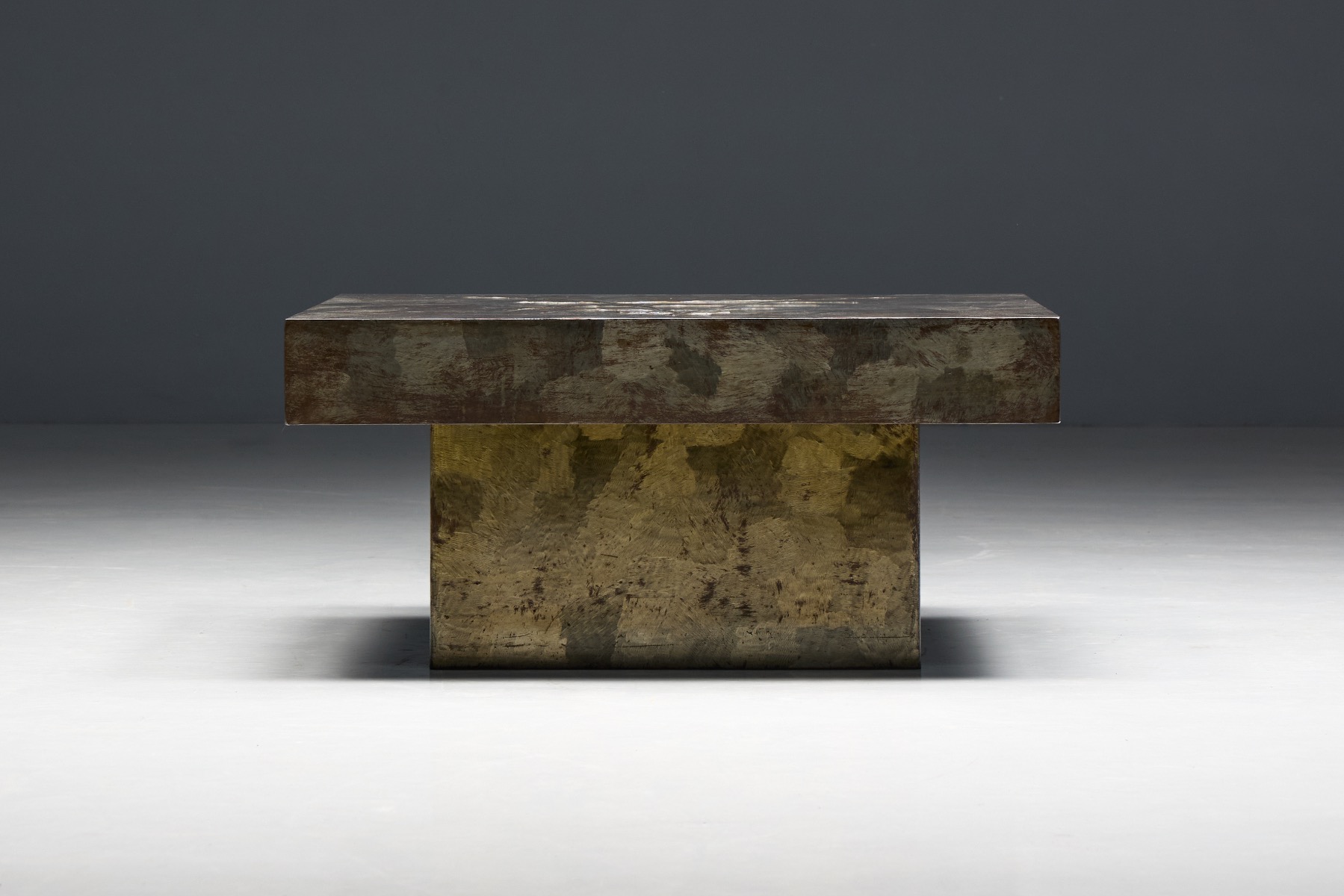 Authentic brutalist steel table with patinated surface