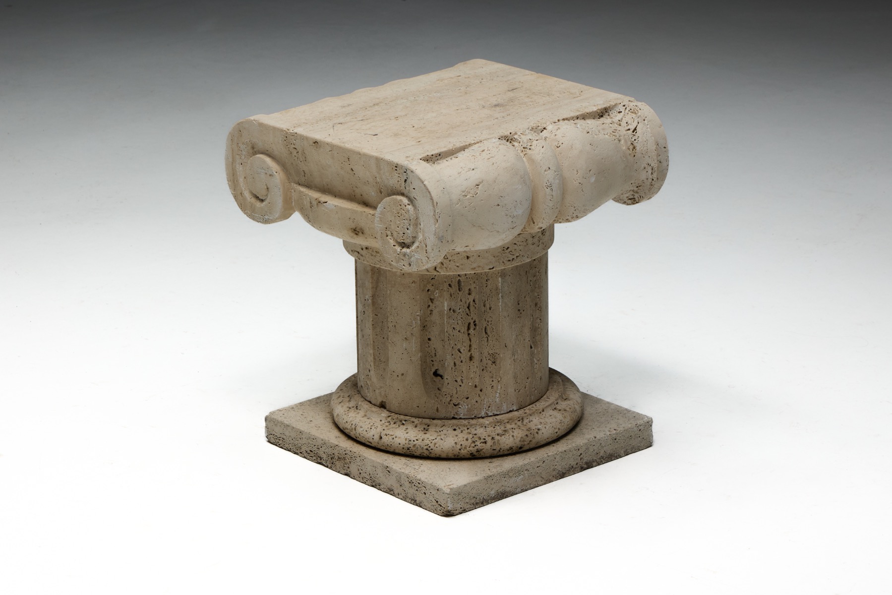 Collectible travertine pedestal side table from late 20th century Italy