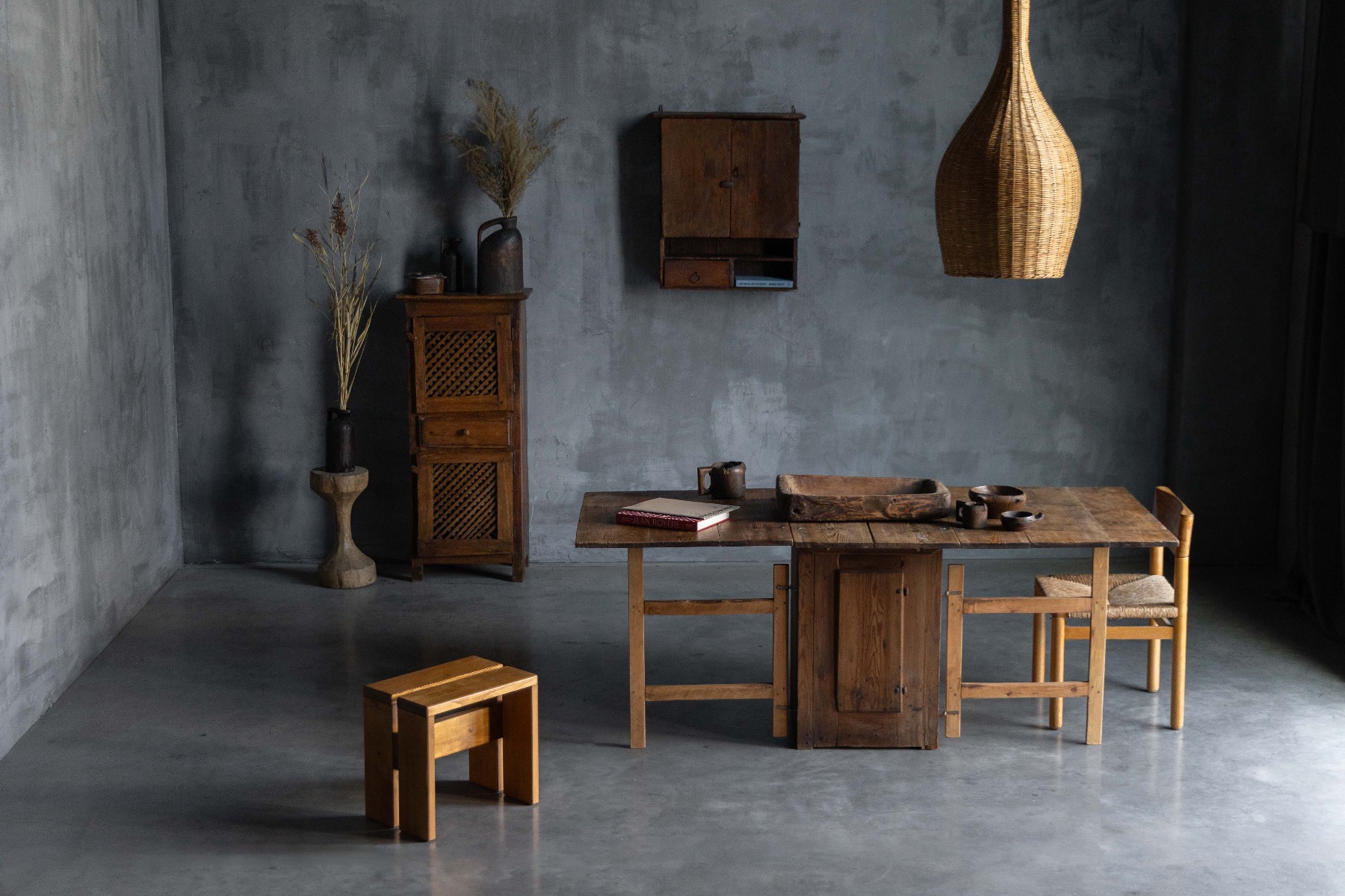 Early workshop table with vernacular drop leaf construction