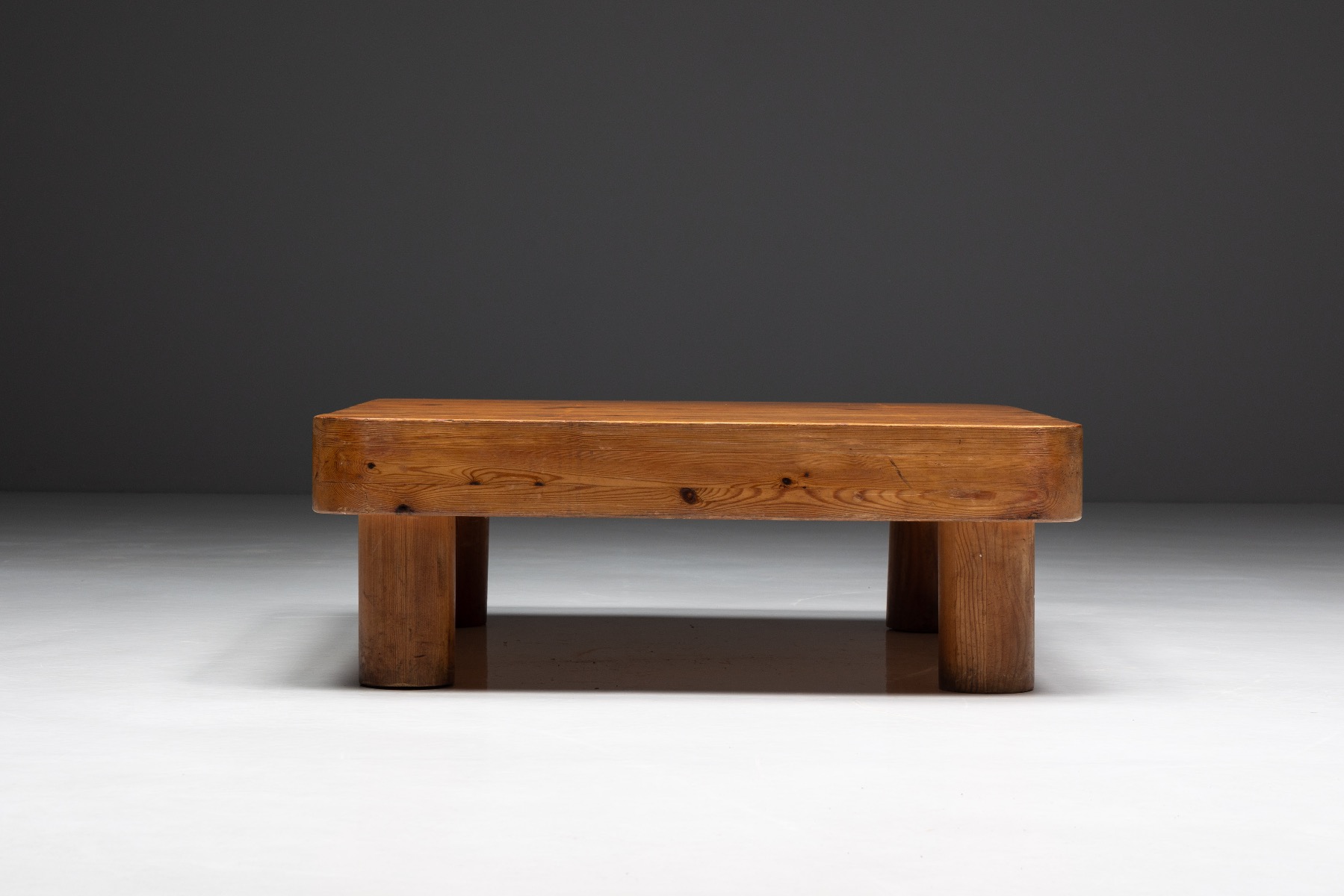 Handcrafted brutalist pine coffee table with raw character