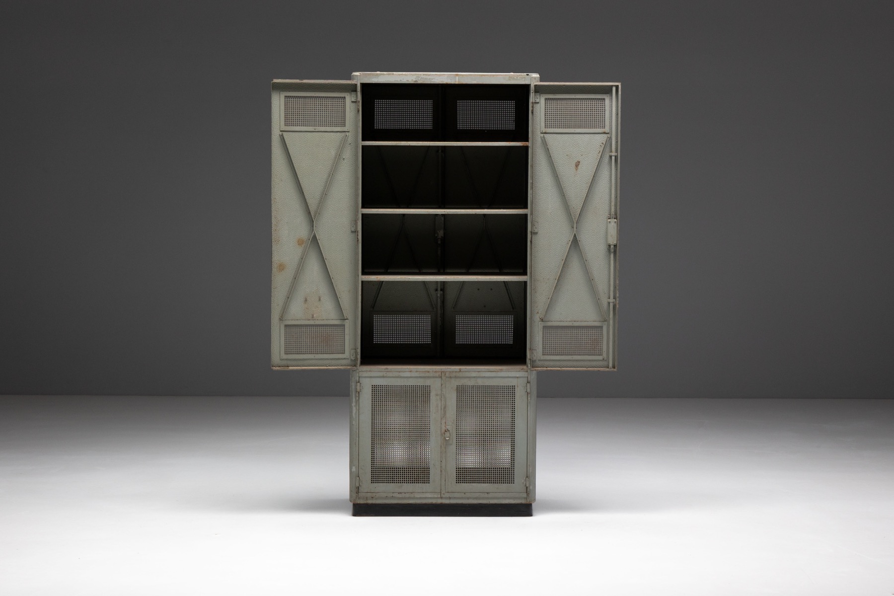 Minimalist industrial steel cabinet with strong presence