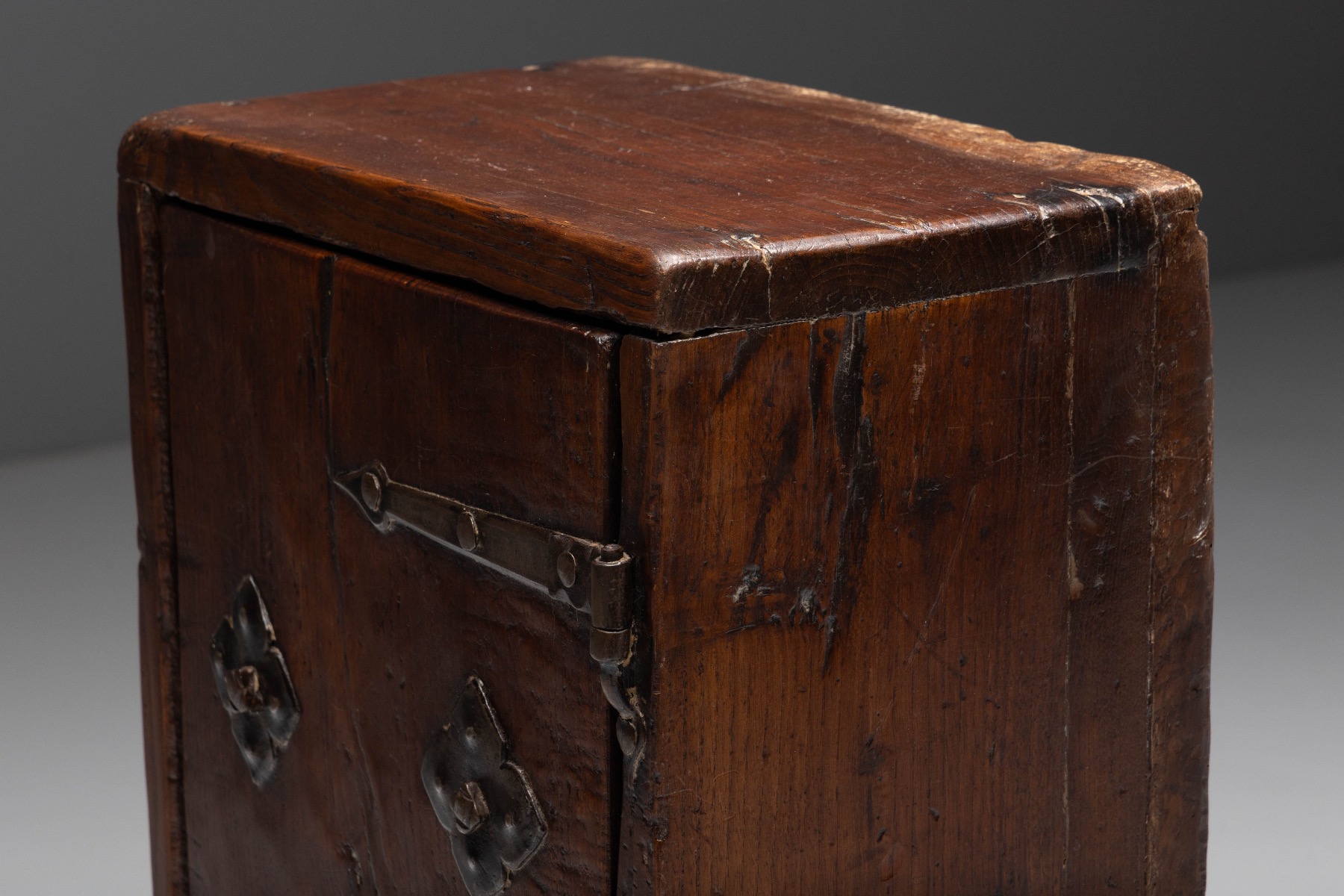 Aged wood wabi sabi cabinet with vernacular design