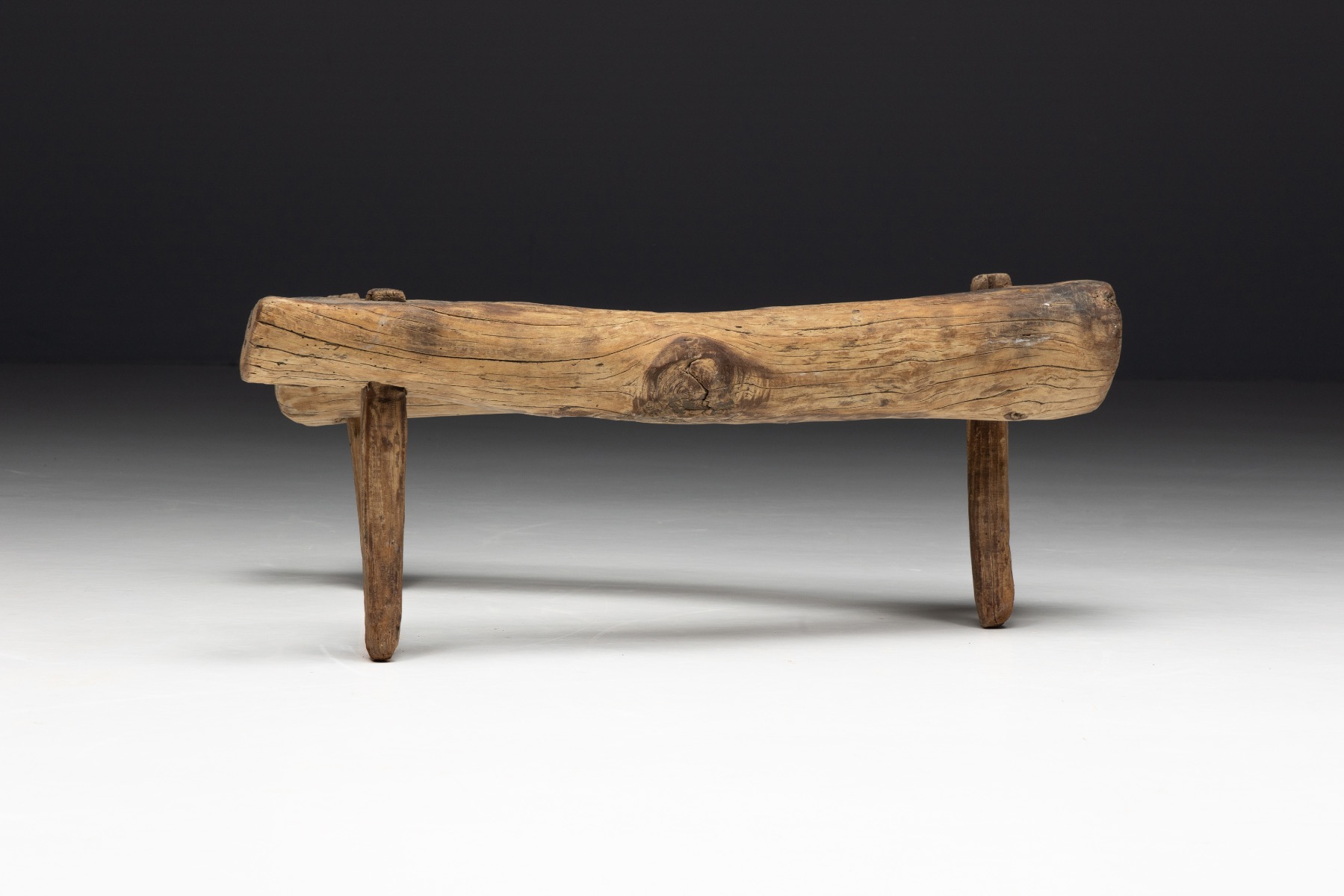 Antique brutalist wood tripod stool