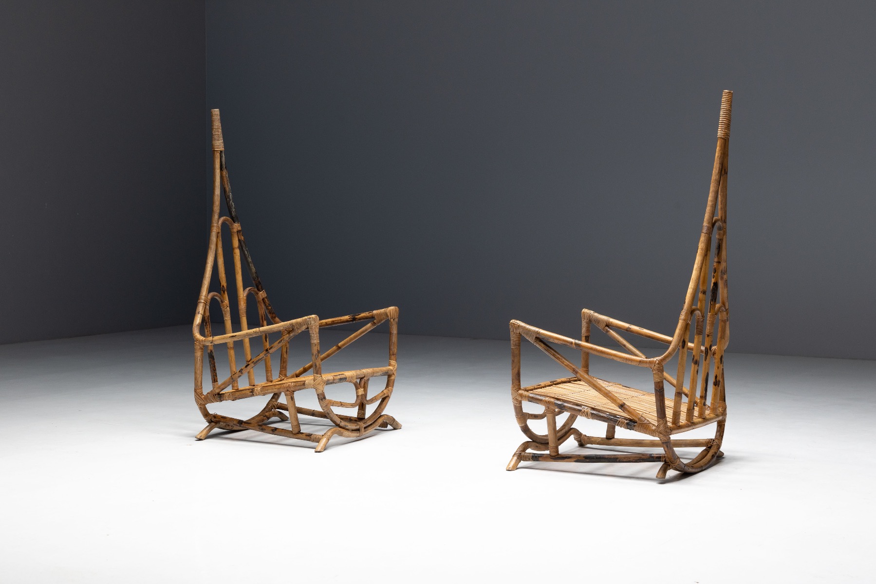 European mid century bamboo lounge chair with sculptural form