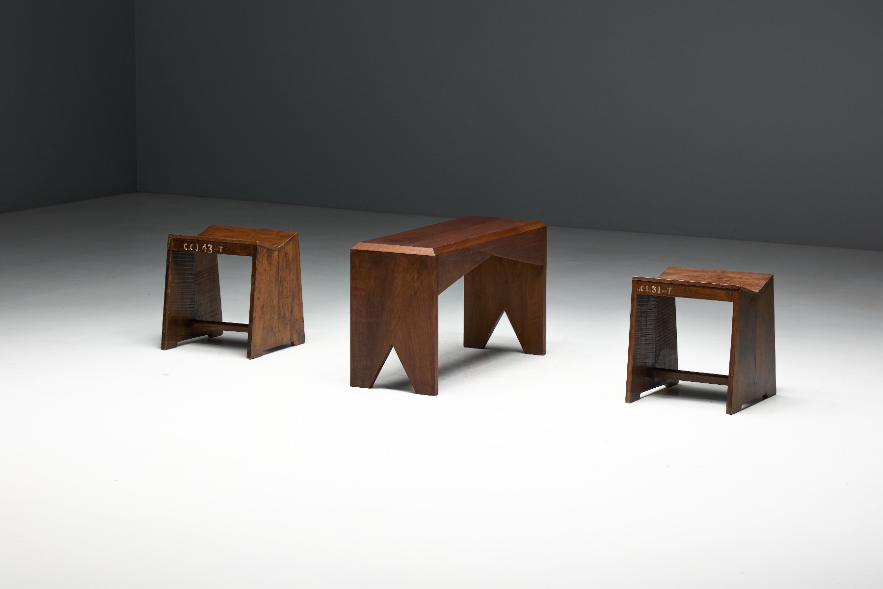 Gallery level walnut bench with modernist presence