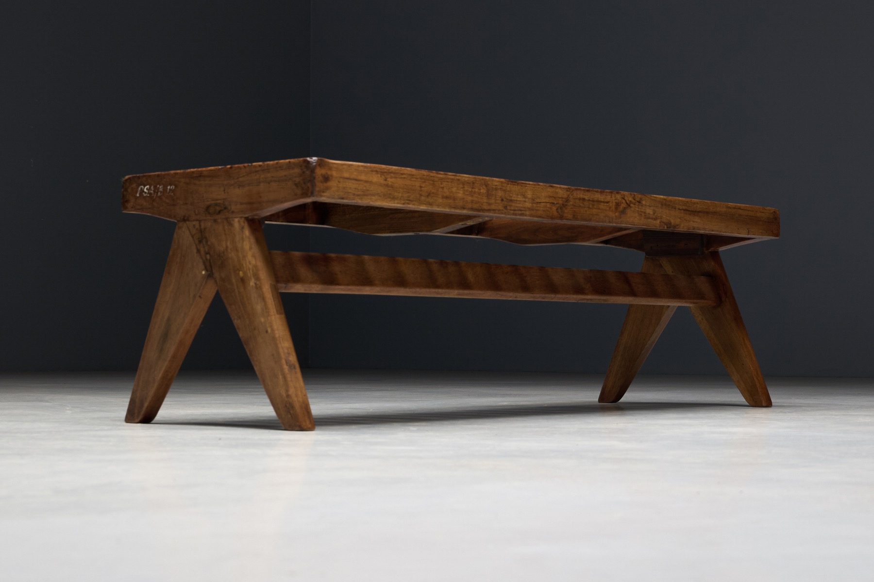 Museum level teak slatted bench from the 1950s
