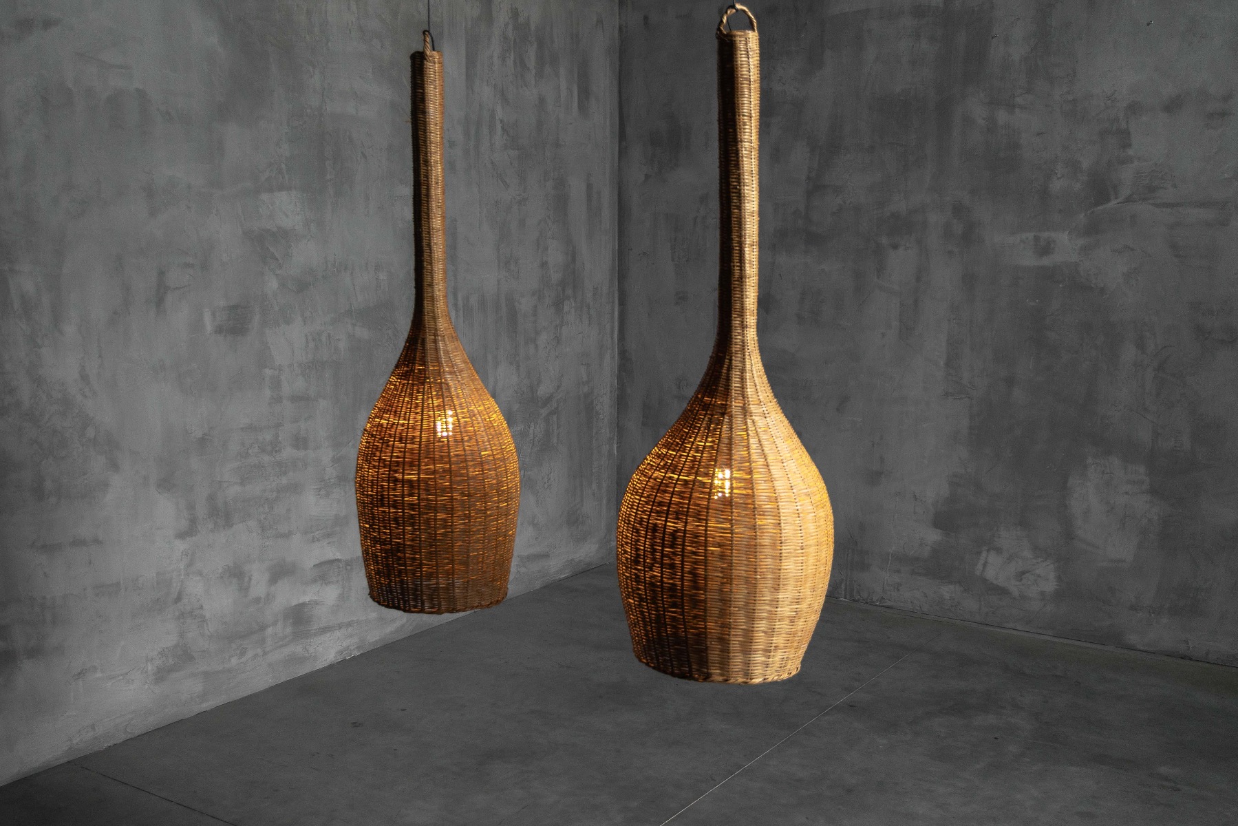 Natural fiber rattan hanging lamp from the mid century
