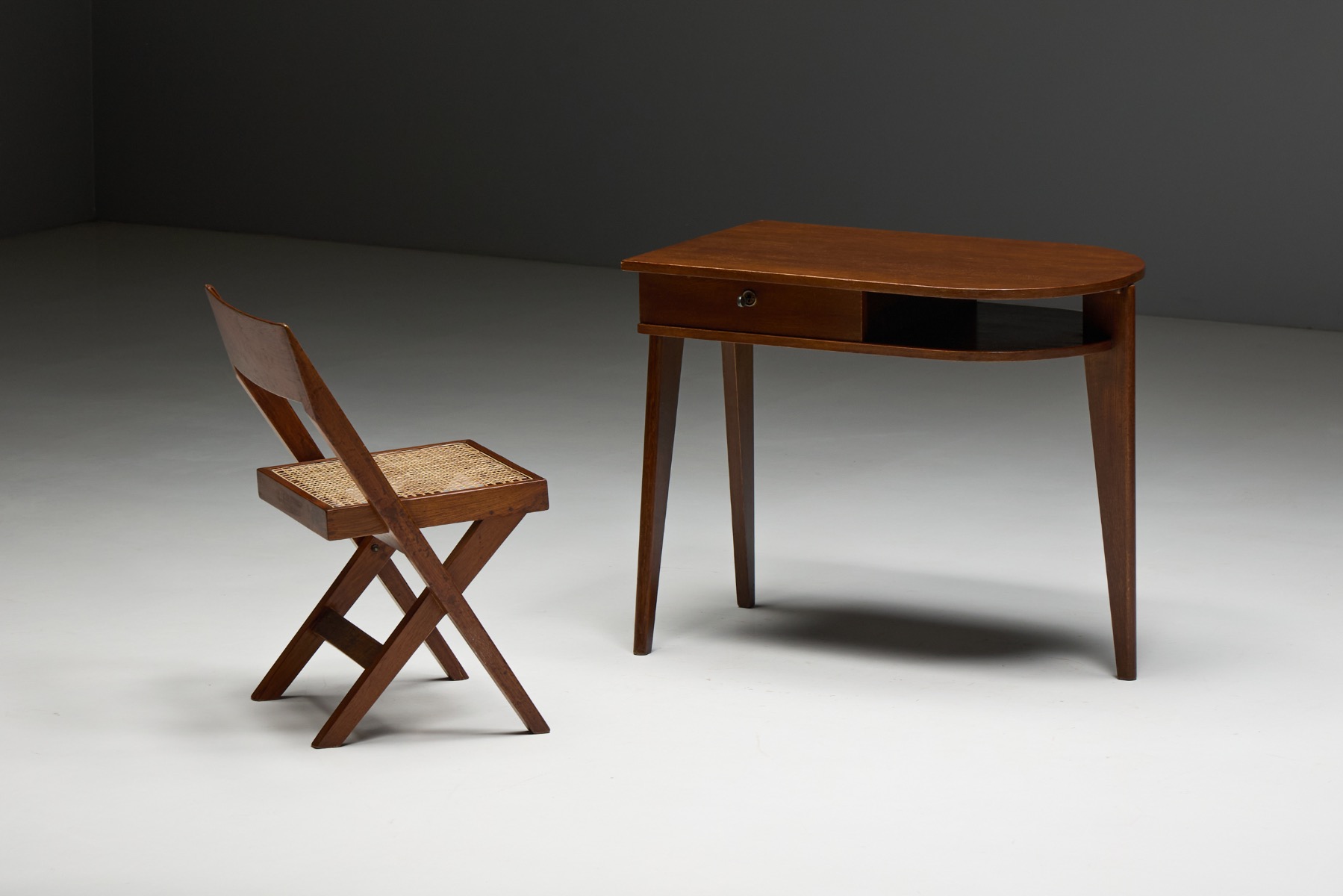Architectural oak tripod desk by Jacques Adnet, mid century design