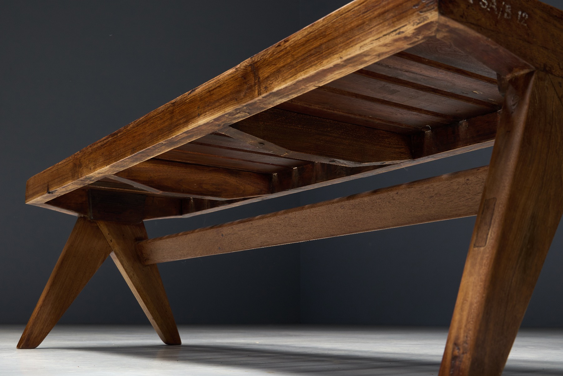 Handcrafted teak bench reflecting Pierre Jeanneret design