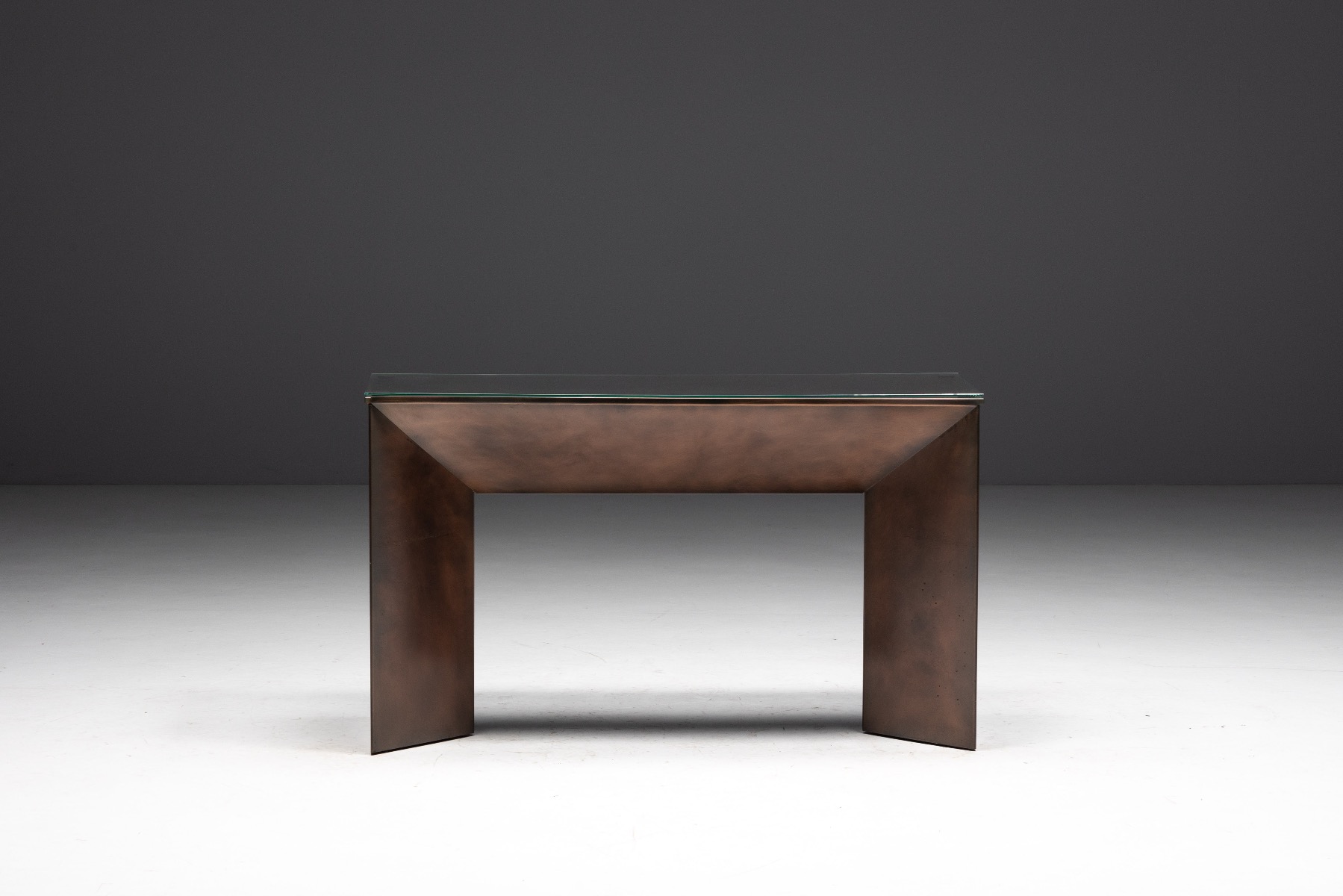 Patinated metal console table dating to the 1970s