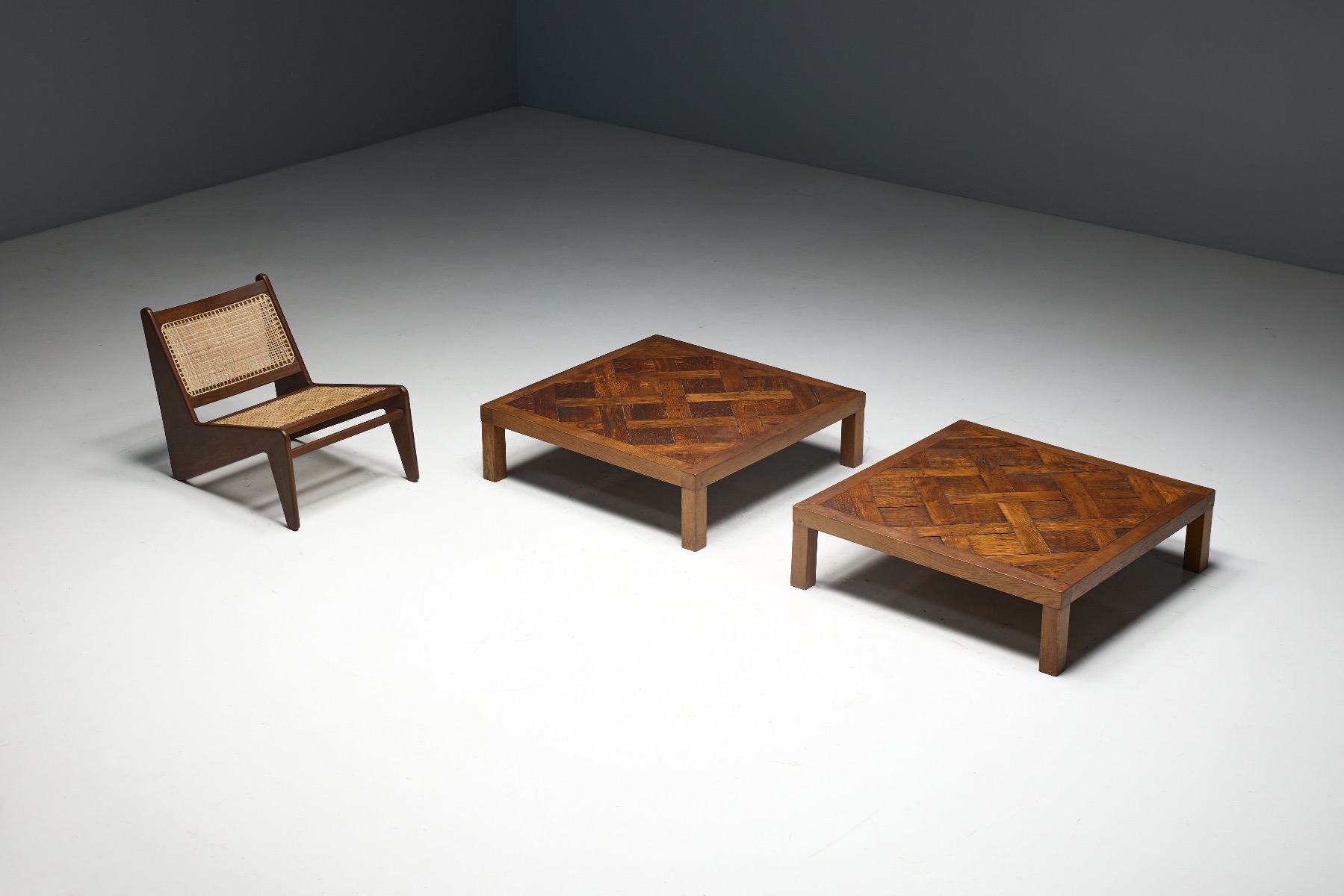 Graphic brutalist coffee table featuring parquet pattern
