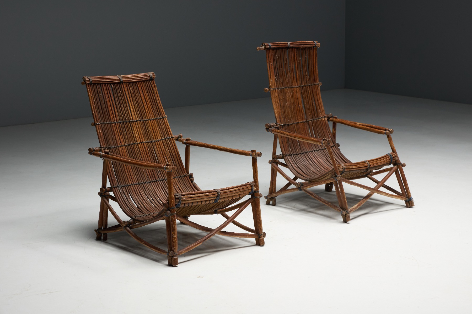 Handwoven wicker reclining seating with vintage character