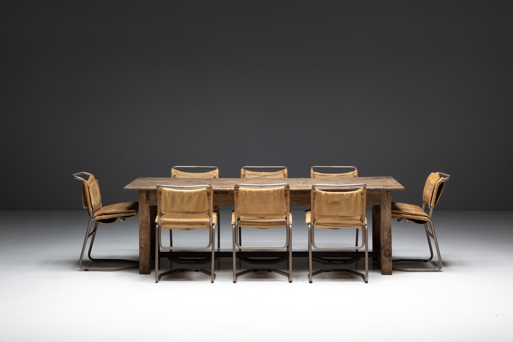 Solid wood farmhouse dining table with traditional proportions