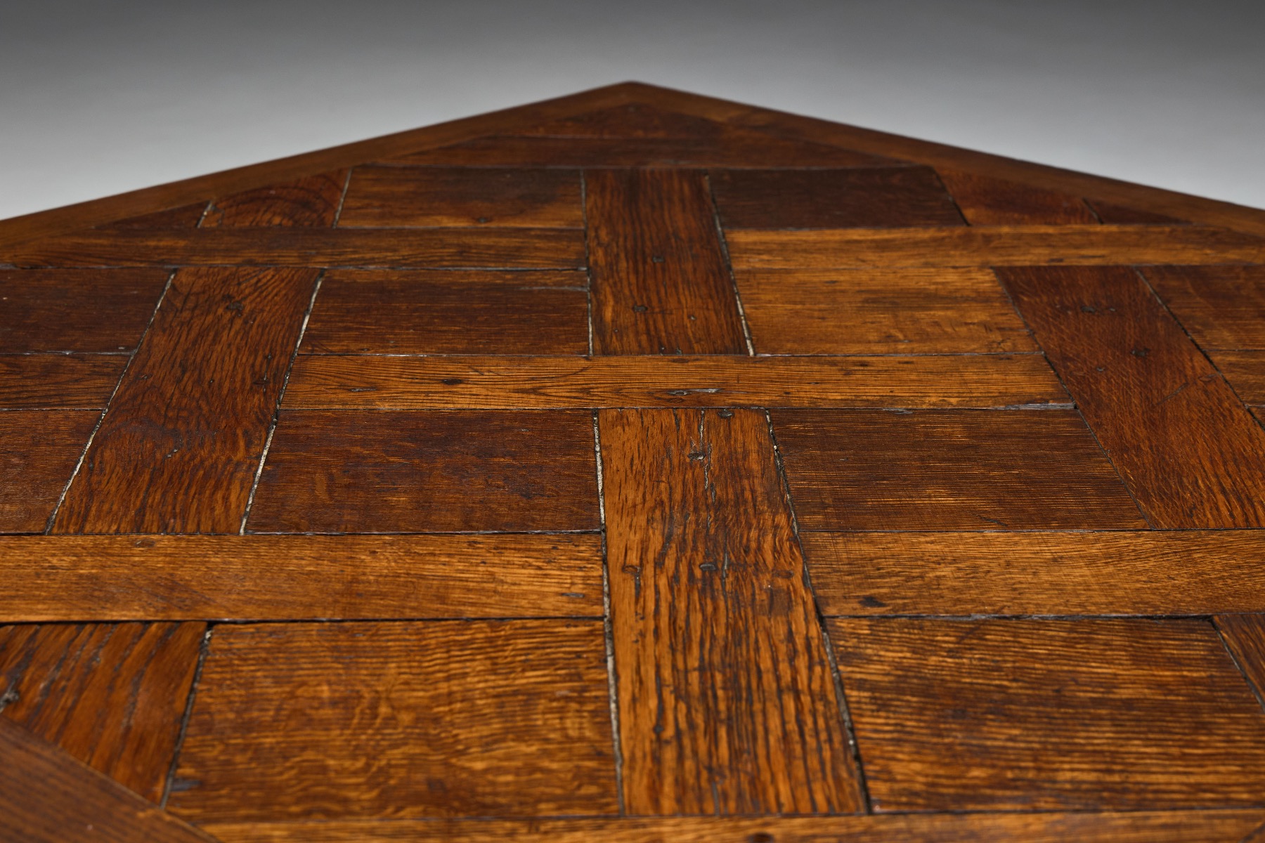 Gallery level brutalist coffee table with parquet top