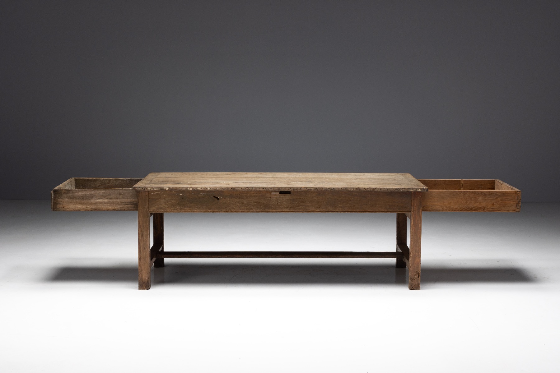 Rustic solid wood French farm table with drawers